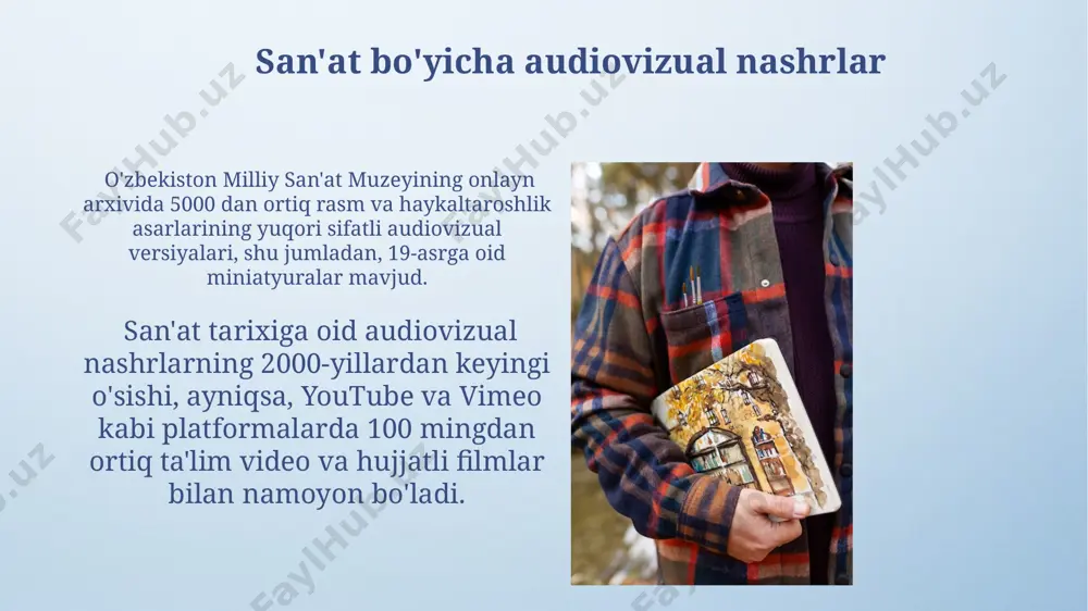 i san’ati bo‘yicha 200 betlik ilmiy tadqiqot, badiiy asarlar tahlili va chuqur tarixiy kontekstni o‘z ichiga olishi mumkin. san'at tanqidiga oid nashrlar 1990-yillardan boshlab oʻzbekistonda sanʼat tanqidiga oid nashrlar soni sezilarli darajada oshdi, xususan, toshkentdagi badiiy akademiya va muzeylarning 10 dan ortiq ilmiy toʻplamlarida maqolalar chop etildi. samarqand davlat universiteti ilmiy jurnallarida sanʼat tarixi va tanqidiga oid 30 dan ziyod tadqiqot ishlari, jumladan, miniatyura sanʼati va zamonaviy rassomchilikka bagʻishlangan maqolalar chop etilgan. san'at va san'at tarixi bo'yicha nashrlarning turlari 19-asr oxiri – 20-asr boshlariga oid buxoro va samarqand shaharlarida chop etilgan miniatyura sanʼati boʻyicha noyob risolalar, hozirda dunyoning 5 ta yirik kutubxonasida saqlanadi. markaziy osiyo sanʼati tarixiga bagʻishlangan monografiyalar soni 2023-yil holatiga koʻra 300 dan oshib ketdi, ularning aksariyati xorijiy tillarda chop etilgan. san'at bo'yicha ilmiy konferentsiya materiallari samarqand va buxoro shaharlarining tarixiy yodgorliklari haqidagi 15 dan ziyod ilmiy tadqiqotlar “san’at bo’yicha ilmiy konferentsiya materiallari” toʻplamiga kiritilgan boʻlib, ularning aksariyati …