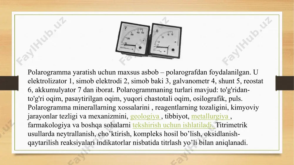 nadigan platina elektrodi (sozlash elektrodi - to'yingan eritma) orqali amalga oshirilganda, qo'rg'oshin qaytarilmaydi, titrlash titrantning teskari oqimida sodir bo'ladi. qo'rg'oshin oksidlanish tokini (+1,3 v) atsetat tamponi ishtirokida titrlash mumkin, bu erda qo'rg'oshin pbo2 ga oksidlanadi.tegishli miqdorda qo‘rg‘oshin nitrat yoki atsetat eritmasi 100 ml li kolbaga solinadi va atsetat buferi qo‘shib kolba belgisigacha suyultiriladi. olingan eritmaning alikvoti silkituvchi stakanga solinadi , platina elektrod chiqariladi va u tuz ko'prigiga ulanadi. magniy va kaltsiy ionlari ishtirokida suvli eritmalarda edta bilan barqaror komplekslar hosil bo'ladi. propanol eritmalarida edta (ammiak-atsetat fon) bilan barqaror komplekslar hosil bo'ladi. titrlash ammoniy asetatning sirka kislotasidagi eritmasida amalga oshirilsa, komplekslar erimaydi. kaltsiydan oldin magniy titrlanadi.ikkita platina elektrodli biamperometrik qurilmada 0,5 v oqim ishlatilgan.elektrolitik hujayraga 5-10 ml magniy va kaltsiy asetatlarning propanoldagi eritmasi qo'shiladi va propanoldagi ammoniy asetat eritmasi bilan eritmaning hajmi 20 ml ga tushiriladi. probirkaga elektrodlar tushiriladi va 0,2-0,5 ml 0,2-0,5 ml 0,05 m edta eritmasi 0,5 v yadroda …