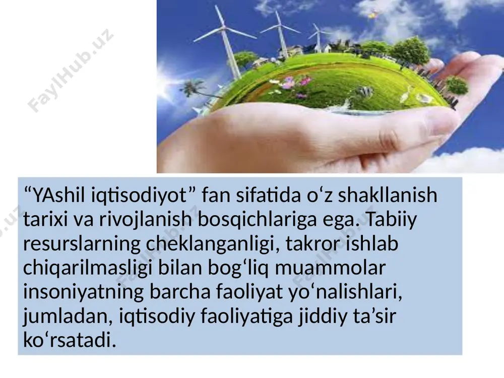 t maqsadlari uchun asrab qolish zaruriyati to‘g‘risidagi g‘oyalar, kelajak avlod oldida ekologik mas’uliyatga asoslangan ilmiy konsepsiyalar shakllanashiga olib keldi. ushbu g‘oyalarning amaliyotga tadbiqi barqaror rivojlanishni ta’minlash orqali hal etilishi zarur. 2.barqaror rivojlanishni ta’minlashda “yashil iqtisodiyot”ning o‘rni barqaror rivojlanish deyilganda, aholi ehtiyojlarini to‘la qondirish maqsadida kelajak avlod ehtiyojlarini qondirish imkoniyatlarini esa xavf ostiga qo‘ymaslikka asoslangan rivojlanish tushuniladi. barqaror rivojlanishni “ijtimoiy”- “iqtisodiy”-“ekologik” uchlikning o‘zaro bog‘liqlikda rivojlanishiga asoslangan sinergetik samara hisobidan taraqqiy etadigan jarayon sifatida tasavvur etish mumkin. barqaror rivojlanishni ta’minlashdagi iqtisodiy yondashuv cheklangan resurslardan oqilona foydalanishni nazarda tutadi. ijtimoiy yondashuv global miqyosda ijtimoiy barqarorlik va madaniy xilma-xillikni ta’minlashga yo‘naltirilgan bo‘ladi. ekologik yondashuv esa har qanday ekologik tizimlarning normal faoliyat yuritishini ta’minlashga xizmat qilishi zarur bo‘ladi. barqaror rivojlanish konsepsiyasiga nisbatan iqtisodiy yondashuvga e.r.lindal va j.r.xikslar asos solishgan. xiks-lindal yalpi daromadlarning maksimal oqimi nazariyasiga muvofiq daromad yalpi kapitalni saqlab qolgan holda yaratilishi zarur. bunda cheklangan resurslar va ekologik (tabiiy resurslar, energiya va materiallarni tejovchi) …