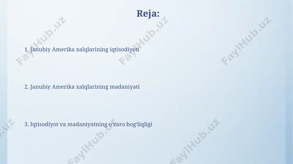 larni tashkil qiladi. zamonaviy ijtimoiy muammolar venesuelada giperinflyatsiya tufayli 2024 yilga kelib aholining 80% dan ortig'i qashshoqlik chegarasidan pastda yashaydi, bu esa milliy daromadning 50% kamayishiga olib keldi. janubiy amerikada 2023 yilda qashshoqlik darajasi taxminan 30% ni tashkil etib, 100 million kishini qamrab olgan, bu esa braziliya va kolumbiya kabi mamlakatlarda ijtimoiy tartibsizliklarga olib kelmoqda. janubiy amerika xalqlarining iqtisodiyoti va madaniyati chilida, 20-asrning oxiridan boshlab, mis kon sanoatining tez sur'atlarda rivojlanishi mamlakat iqtisodiyotining asosiy omiliga aylandi va poytaxt santiago shahriga katta daromad keltirdi. braziliya kabi mamlakatlarning yalpi ichki mahsuloti (yaim) asosan qishloq xo'jaligi mahsulotlari, xususan, kofe va soya eksportiga bog'liq bo'lib, bu mamlakat iqtisodiyotiga sezilarli ta'sir ko'rsatadi. qishloq xo'jaligi va uning ahamiyati amazon o'rmonlarida yashovchi mahalliy qabilalar, 200 dan ortiq turdagi meva, sabzavot va boshqa o'simliklarni yig'ib, o'zlarining oziq-ovqat ta'minoti va savdosiga hissa qo'shishadi. janubiy amerikada, and tog'lari etagidagi 3000 metr balandlikdagi hududlarda, patates yetishtirish qadimgi andlar tsivilizatsiyasi uchun juda …