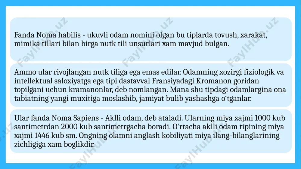 rat sarflashni talab etadi odam antroposotsiogenez jarayonining maxsuli ekanligini xozirgi zamon fani xam tasdiklamokda. shuning uchun odamdagi tabiiylik bilan ijtimoiylik orasidagi alokadorlikni bilish muxim axamiyatga ega. odam uchta buyuk kudrat: tana - ruxiyat - ma’naviyat majmui. odamning biologik xolati deganda uning jismida sodir buladigai morfofiziologik, genetik, elektroximik o‘zgarishlar, yoshi, irki, jinsini ifodalovchi alomatlar tushuniladi. odamning ruxiy (psixologik) xolati deganda uning xis-tuygulari, kayfiyati, irodasi, temperamenta nazarda tutiladi. odamning ma’naviyati-uning fazilatlari, xislatlari, kobiliyatlari, malakalari yigindisi, bulib aynan ma’naviyat tufayli odam insonga aylanadi. odam tirik tabiatdagi eng oliy tur, tabiat evolyusiyasining maxsuli. odam uzok evolyusion tarakkiyot jarayonida va jamiyatda inson sifatida shakllanadi. jamiyatdagi ijtimoiy munosabatlar uning inson sifatida shakllanishiga imkon yaratishi yoki shaxe sifatida barbod bulishiga olib kelishi mumkin. inson - jamiyatlashgan (ijtiomiylashgan) individdir. inson - ijtimoiy-tarixiy mavjudot. ana shu xususiyati bilan barcha boshka tirik mavjudotlardan fark kiladi. undagi barcha xislatlar, fazilatlar tarixiy tarakkiyot tufayli vujudga kelgan. insonning yaralishi, mohiyati va jamiyatda tutgan …