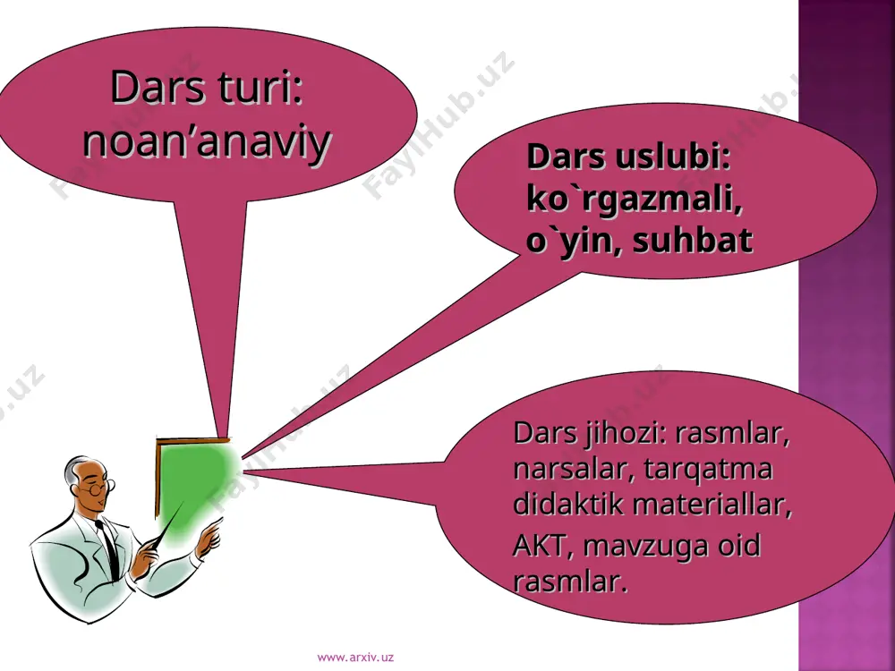 qing .avval shaxs – narsani, keyin belgini, so`ngra sonoqni va undan keyin harakatni bildirgan so`zlarni namunada ko`rsatilgandek yozing.ularga so`roq bering? qish. qor yog`yapti.kun sovuq . keng dalalar, mevazor bog`lar, baland tog`lar oq choyshab ga o`ralgandek ko`rinadi. ikki bola maza qilib chana uchayotir. uch – to`rtta bola qordan katta qorbobo yasashyapti. namuna: shaxs – narsani bildirgan so`zlar: qish, … belgini bildirgan sozlar: oq,... sanoqni bildirgan so`zlar, … harakatni bildirgan so`zlar, … www.arxiv.uz www.arxiv.uz namuna: shaxs – narsani bildirgan so`zlar: qish,qor, kun,dalalar, bog`lar, tog`lar,bola, chana, qorbobo. belgini bildirgan sozlar: oq, sovuq, keng, mevazor, baland, maza, katta. sanoqni bildirgan so`zlar: ikki, uch – to`rtta. harakatni bildirgan so`zlar: yog`yapti, ko`rinadi, uchayotir, yasashyapti. www.arxiv.uz www.arxiv.uz * bu sabzi u siz palov bo’lmaydi. bu pomidor, u sho’r ta’mga ega. tarvuzning ichi oppoq bo’ladi. piyoz juda shirin, shuning uchun hamma ovqatga solamiz. karam qip-qizil bo’lsa pishgan bo’ladi. xato qayerda? www.arxiv.uz www.arxiv.uz 191- mashq. oqing.so`roqlar yordamida ot, sifat, …
