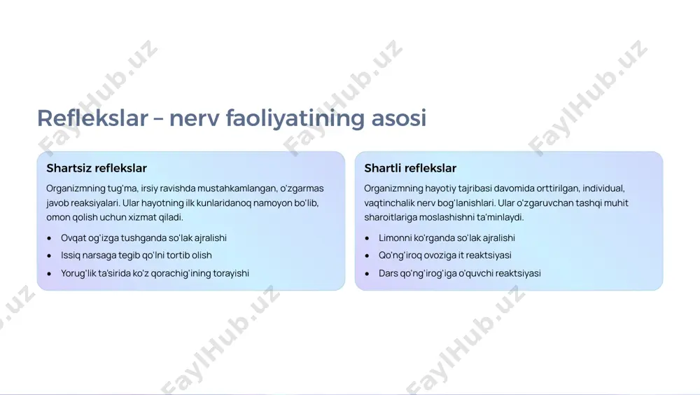strakt tafakkur va nutq asosi yozuv va o'qish qobiliyati inson ongining fiziologik asosi pavlov ta'limotining psixologiya uchun inqilobiy ahamiyati obyektiv metodning joriy etilishi psixikani introspeksiya orqali o'rganish o'rniga, xulq-atvorni va uning fiziologik mexanizmlarini aniq o'lchash va kuzatish imkonini berdi. bixeviorizmga asos pavlovning ishlari jon uotson asos solgan bixeviorizm (xulq- atvor psixologiyasi) oqimining shakllanishiga kuchli turtki berdi. o'rganish va xotira nazariyasi shartli reflekslar mexanizmi ko'nikma, malaka va odatlarning hosil bo'lishini, ya'ni o'rganish jarayonining mohiyatini tushuntirib berdi. temperament ta'limoti qo'zg'alish va tormozlanish jarayonlarining xususiyatlariga asoslanib, oliy nerv faoliyati tiplarini aniqladi va temperament tiplarini ilmiy asosladi. pavlov ta'limotining zamonaviy psixologiya va tibbiyotdagi qo'llanilishi klinik psixologiya nevrozlar va ruhiy buzilishlarni miya po'stlog'idagi qo'zg'alish va tormozlanish jarayonlarining izdan chiqishi natijasi sifatida tushuntirishga imkon berdi. pedagogika va ta'lim shartli reflekslar nazariyasi o'rganish jarayonini optimallashtirish, ta'lim metodlarini takomillashtirish va o'quvchilarning individual xususiyatlarini hisobga olishga yordam beradi. muhim eslatma: garchi bugungi kunda psixologiya fani yanada murakkab kognitiv va …