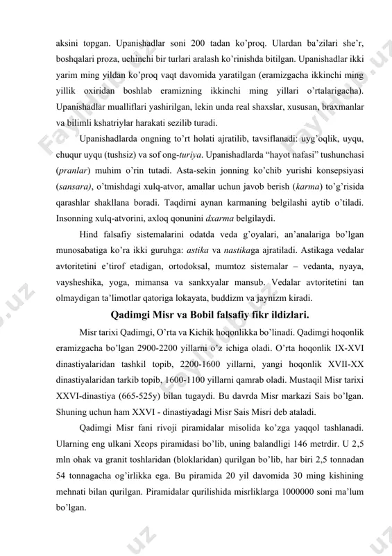b oladi. mustaqil misr tarixi xxvi-dinastiya (665-525y) bilan tugaydi. bu davrda misr markazi sais bo’lgan. shuning uchun ham xxvi - dinastiyadagi misr sais misri deb ataladi. qadimgi misr fani rivoji piramidalar misolida ko’zga yaqqol tashlanadi. ularning eng ulkani xeops piramidasi bo’lib, uning balandligi 146 metrdir. u 2,5 mln ohak va granit toshlaridan (bloklaridan) qurilgan bo’lib, har biri 2,5 tonnadan 54 tonnagacha og’irlikka ega. bu piramida 20 yil davomida 30 ming kishining mehnati bilan qurilgan. piramidalar qurilishida misrliklarga 1000000 soni ma’lum bo’lgan. misrlik astronomlar osmonni kuzatishgan, u amaliy ahamiyatga ega bo’lgan. masalan, nil daryosining har yilda toshishi misr osmonida eng yarqin yulduz-siriusning paydo bo’lishiga to’g’ri kelgan. misrlik olimlar ekliptika–quyoshning yulduzlar to’plamidagi ko’rinishidan kelib chiqib, uni 12 qismga bo’lishgan va ular yig’indisi zodiakni, ya’ni “xayvonlar doirasi”ni hosil qiladi, deb hisoblashgan. ekliptikadagi har bir yulduzlar turkumiga qandaydir bir hayvon nomi berilgan. 1,5 ming yil davomida misr olimlari 373 marta quyosh, 832 marta oy …