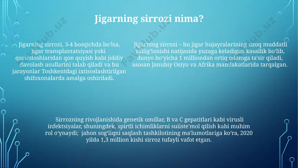 ol oʻynaydi, bu usul dunyoning rivojlangan mamlakatlarida, masalan, aqsh va germaniyada keng qoʻllaniladi. surunkali gepatitni tashxislashda alt va ast jigar fermentlarining qon darajasi 40 u/l dan yuqori boʻlishi, shuningdek, virusli infektsiyani aniqlash uchun pcr tekshiruvi (masalan, b va c gepatit viruslari uchun) oʻzbekistondagi akkreditatsiyadan oʻtgan laboratoriyalarda oʻtkazilishi muhimdir. e'tiboringiz uchun rahmat @taqdimot_robot image1.png image2.png image3.png image4.png image5.png
