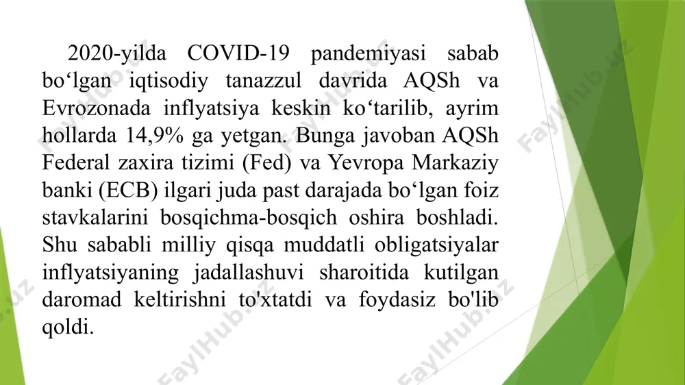 orqali yakun topdi. haddan ortiq kredit ekspansiyasi. mazkur omil natijasida kredit portfeli sifati yomonlashadi, kreditlar ta’minoti bo‘yicha ortiqcha qiymat yuzaga keladi va kredit riski ortadi. kredit portfeli tarkibida kreditlar miqdorining ortishi natijasida ularning monitoringini yuritish bilan bog‘liq qiyinchiliklar yuzaga keladi. bunga misol sifatida, yaponiya, 80-yillardagi lotin amerika va 90-yillardagi janubiy-sharqiy osiyo mamlakatlarida yuzaga kelgan bank inqirozlarini keltirishimiz mumkin. inflyatsiya. inflyatsiya foiz stavkalari orqali bank tizimiga bir qator yo‘nalishlar doirasida ta’sir etishi mumkin. bularga milliy kapitalning chetga oqib ketishi, jamg‘arishga bo‘lgan moyillikning pasayishi, aktiv va passiv operatsiyalar tuzilishidagi o‘zgarishlarni keltirish mumkin. shuningdek, bunday holatda bank passivlariga nisbatan (monand bo‘lmagan) uzoq muddatli aktivlarga ega bo‘lgan bir qator moliyaviy institutlar qiyin ahvolga tushib qoladilar. mamlakatda o‘rtacha narxlar darajasi oshib borayotgan bir sharoitda banklar depozit bazasi mustahkamligini ta’minlash maqsadida depozitlar bo‘yicha foiz stavkalarini oshirishga majbur bo‘ladilar. agarda aktiv operatsiyalar bo‘yicha daromadlilik darajasini oshirish cheklangan bo‘lsa, u holda bank foydasining keskin tushib ketishi kuzatiladi. aksariyat …