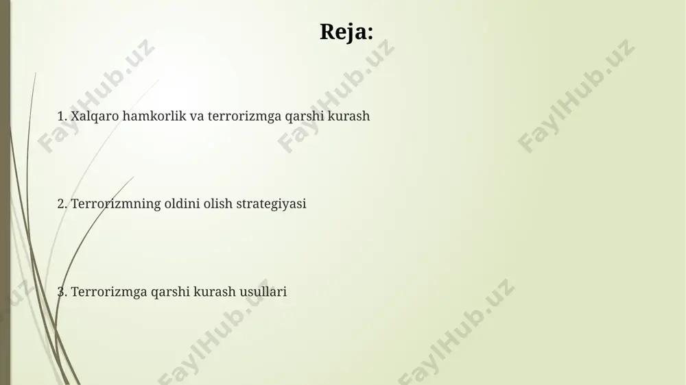 mkorlikning kuchayganligini ko'rsatadi va terrorizmga qarshi kurashda muhim omil hisoblanadi. terrorizmga qarshi kurashda huquqiy asoslar jinoyat kodeksining terrorizmga oid moddalari, jumladan, 155-modda va boshqa tegishli moddalar, terrorchilik harakatlarini aniqlash va ularga nisbatan jazo choralari belgilashda aniq mezonlarni o'rnatadi. terrorizmga qarshi kurashda sud jarayonlarining samaradorligi, adolatli sudlov tamoyillariga rioya qilingan holda, guvoh himoyasi kabi 5 ta asosiy elementga bog'liq. terrorizmga qarshi kurashda xalqaro huquqning 137-sonli konvensiyasi va boshqa tegishli shartnomalar milliy qonunchilikka integratsiya qilinishi muhim ahamiyatga ega bo'lib, davlatlararo hamkorlikni mustahkamlaydi. radikalizm va ekstremizmga qarshi kurash ekstremizmga moyil bo'lgan 2000 dan ortiq yoshlarni reabilitatsiya qilish dasturi doirasida, psixologik yordam va kasb-hunar ta'limi orqali ijtimoiy integratsiya ta'minlandi. terrorchilik faoliyatini moliyalashtirishning 30 dan ortiq sxemasi aniqlanib, 15 million aqsh dollaridan ortiq mablag' musodara qilindi. radikalizm va ekstremizmning tarqalishiga qarshi kurashda, ommaviy axborot vositalaridan foydalanib, 5 yildan ortiq davom etgan 100 dan ortiq targ'ibot kampaniyalari muvaffaqiyatli amalga oshirilgan. e'tiboringiz uchun rahmat @taqdimot_robot