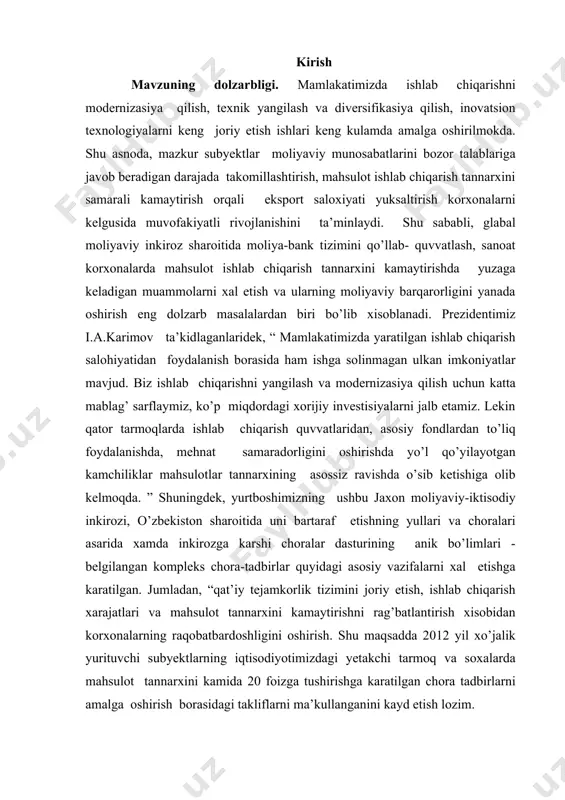 axon moliyaviy-iktisodiy inkirozi, o’zbekiston sharoitida uni bartaraf etishning yullari va choralari asarida xamda inkirozga karshi choralar dasturining anik bo’limlari - belgilangan kompleks chora-tadbirlar quyidagi asosiy vazifalarni xal etishga karatilgan. jumladan, “qat’iy tejamkorlik tizimini joriy etish, ishlab chiqarish xarajatlari va mahsulot tannarxini kamaytirishni rag’batlantirish xisobidan korxonalarning raqobatbardoshligini oshirish. shu maqsadda 2012 yil xo’jalik yurituvchi subyektlarning iqtisodiyotimizdagi yetakchi tarmoq va soxalarda mahsulot tannarxini kamida 20 foizga tushirishga karatilgan chora tadbirlarni amalga oshirish borasidagi takliflarni ma’kullanganini kayd etish lozim. kurs ishi mavzusining o’rganilganlik darajasi. mazkur muammoning nazariy asoslari dastlab a.smit, a.tyurgo, j.b.sey, i.shumpetr, l.mizes, f.xayek kabi klassik iqtisodchilar tomonidan tadkik etilgan. shuningdek, sanoat korxonalarda mahsulot ishlab chiqarish tannarxini kamaytirish muammolarini xal etish yullarini garb va mdx, mamlakatlari iktisodchi olimlari a.i. agayev, a.v.busigin, b.a.rayzberg, v.radayev, g.gross, d.g.gozibekov, j.filips, l.i.abalkin, m.g.lapusta, r.xizrich, s.piters kabilar o’z asarlarida yoritgan. mamlakatimiz iktisodchi olimlaridan a.v.vaxobov, a.sotvoldiyev, m.b.x,amidullin, m.tulaxodjayeva, m.sh.sharifxujayev, s.s.gulomov, x.n.jamolov, e.gadoyev, yu.m.itkin kabilar o’z asarlarida mahsulot tannarxi va …