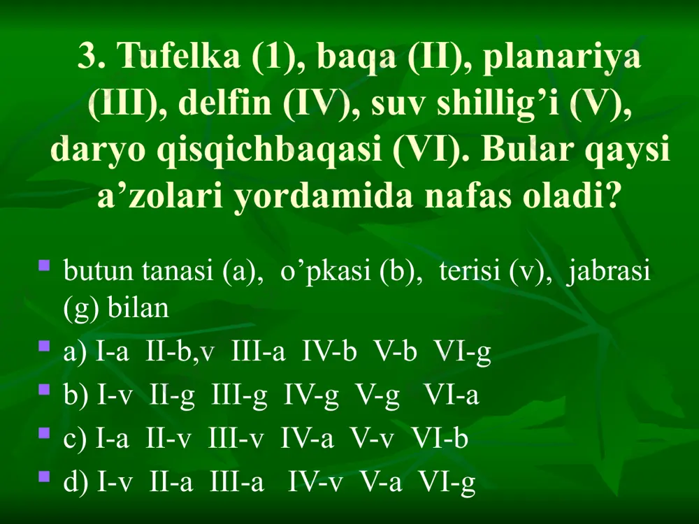 , okun d) triton, yehidna 34. jirafaning bo’yin umurtqasining sonini belgilang? a) 5 ta b) 7 ta c) 9 ta d) 12 ta 35. sut emizuvchilar ko’payishi va rivojlanishiga ko’ra qanday gruhlarga bo’linadi? a) dastlabki hayvonlar, yo’ldashlilar b) tuxum qo’yuvchilar, haltalilar, yo’ldoshlilar c) yo’ldoshlilar, yo’ldoshsizlar d) tuban va yuksak sut emizuvchilar 36. sut emizuvchi hayvonlarda moddalar almashinuvining jadalligi organizmda qaysi sistemaning yaxshi rivojlanganligi bilan bog’liqligini belgilang. a) ovqat hazm qilish va nafas olish b) ayirish va qon aylanish c) nafas olish va qon aylanish d) qon aylanish va ovqat hazm qilish 37. qoramolning go’shtdor zotlarini belgilang? 1.yaroslav 2.shvits 3.xolmogor 4.shotgorn 5.simmental 6.qora-ola zot a) 1, 3 b) 2, 4 c) 3, 5 d) 5, 6 38. quyda berilgan hayvonlarning qaysi birida shoxi almashib turadi? a) jirafa, zubr b) los, bug’i c) arxar, echki d) nosorok, zubr 39. mushuksimonlar oilasi vakillarining qaysi sezgi organi yaxshi rivojlangan? a) ko’rish b) hid bilish …