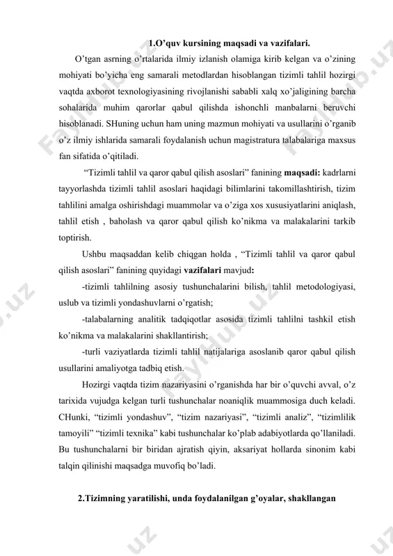 da sinonim kabi talqin qilinishi maqsadga muvofiq bo’ladi. 2.tizimning yaratilishi, unda foydalanilgan g’oyalar, shakllangan ko’nikmalar va qaror qabul qilish. tizim yaratilishining barcha imkoniyatlari keng ma’noda “tizimlilik” deyiladi. ushbu termin ikkita asosiy ma’noni anglatadi: 1) insonga bog’liq bo’lmagan aniqlilik xususiyati, tizimlilikning ob’ektivlilik bilan mosligini tashkil qiladi; 2) insonlar tomonidan to’plangan xususiyatni o’zi haqidagi tushunchalarni anglatadi, ya’ni u o’zida gnoseologik hodisalarni, turli tabiatli tizimlar to’g’risidagi bilimlarni ifodalaydi. fan sohasidagi ko’p jihatli va kordinal yutuqlar, tizimli dunyoqarash va tizimli tahlilning keng qo’llanilishi asosida kelib chiqqan. keyingi yillarda ilmiy texnikaviy inqilob texnik yangilanishlar yaratishda so’zsiz tizimli yondashuv bo’lib xizmat qildi va nihoyat, ishlab chiqarishning muvaffaqiyatlari ham tizimlashtirildi. qat’iyat bilan shuni aytish mumkinki, xx asr faqatgina atomni kashf qilish yoki kompyuterni ixtirosi bo’lib qolmadi.uning asosiy yutug’i bu tizim dunyoqarashini yaratilishi, ya’ni, bilim olishning tizimli metodi, so’ngra atom energiyasidan oqilona foydalanish, kompyuter va internetning yaratilishi, va ta’lim, texnika, ishlab chiqarish, siyosat va madaniyat sohalarida minglab yutuqlarga …
