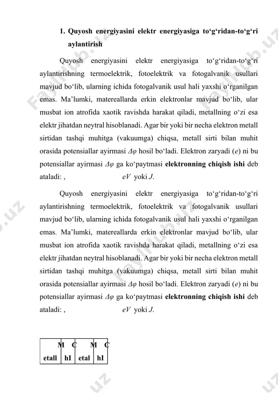 qish ishi deb ataladi: , ev yoki j. metall chi (ev) metall chi (ev) alyuminiy 3,74 mish 4,47 temir 4,36 kumush 4,28 kobalt 4,25 seziy 1,89 litiy 2,39 sink 3,74 · chiqish ishlari har xil bo‘lgan ikki metall bir-biri bilan payvandlanganda elektronlar diffuziyasi hisobiga kontakt potensiallar ayirmasi hosil bo‘ladi. agar kontakt joyi qizdirilsa, elektronlar diffuziyasi ortadi va kontakt potensiallari ayirmasi ham kattalashadi. · agar uchlari payvandlangan ikkita har xil metall simlarni galvanometrga ulab, kontaktlardan birini sovuq holatda qoldirib, ikkinchisi isitilsa, zanjirda elektr toki hosil bo‘ladi. bu hodisani birinchi marta nemis olimi zeyebek kuzatgan bo‘lib, termoelektrik effekt yoki “zeyebek effekti” deb yuritiladi. 2. termoelektr yurituvchi kuch · termoelektr yurituvchi kuch e payvandlangan uchlaridagi temperaturalar (absolyut shkala bo‘yicha) ayirmasiga to‘g‘ri proporsional bo‘lib, metallar tabiatiga bog‘liq: · bunda α – metallning termo eyk koeffitsiyenti. · uchlari o‘zaro payvandlangan ikkita har xil metalldan yasalgan asbobga termopara yoki termoelement deb ataladi. termoelement kavsharlangan uchi temperaturasi …