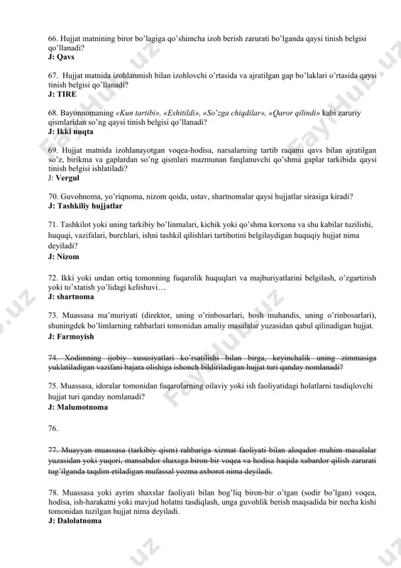 bo’g’inlarni toping? j: osmon tok zor 82. �og’ziga talqon solmoq, oftobda qatiq yalashgan, oralaridan qil ham o’tmaydi� birikmalari qanday so’z birikmasi sanaladi? 83. xalqning hayoti tajribasi, donishmandligi negizida vujudga keladigan birikmalarni belgilang? j: maqola 84. imlo lug’atlarida so’zlarning qaysi jihatlari hisobga olingan bo’ladi? 85. biror ilmiy va ijodiy ishga o’zga mutaxassis tomonidan ishning yutuq va kamchiliklari yoritilgan matn turi qanday nomlanadi? j: taqriz 86. qandaydir nashr haqida qisqa axborot beruvchi matn turini aniqlang. j: annotasiya 87. javoblardan oltin so’zi o’z ma’nosida qo’llangan gapni belgilang. 88. yusuf xos hojib qaysi asarning muallifi? j: qutadg’u bilig 89. og’zaki nutq leksikasiga qaysi uslub kiradi? 90. nutqni birorta yoki ayrim-ayrim turlari uchun ishlatiladigan so’zlar qanday leksika deyiladi? 91. ma’lum hududda qo’llanuvchi so’zlarga nima deyiladi? j: dealektizm 92. qanday matnlarda ko’chirmalardan foydalanish, manbalarga havola qilish va sarlavha tanlashga ham jiddiy e’tibor beriladi? 93. ma’lum bir fan doirasida qo’llaniladigan atamalar qanday nomlanadi? j: ilmiy atamalar 94. …