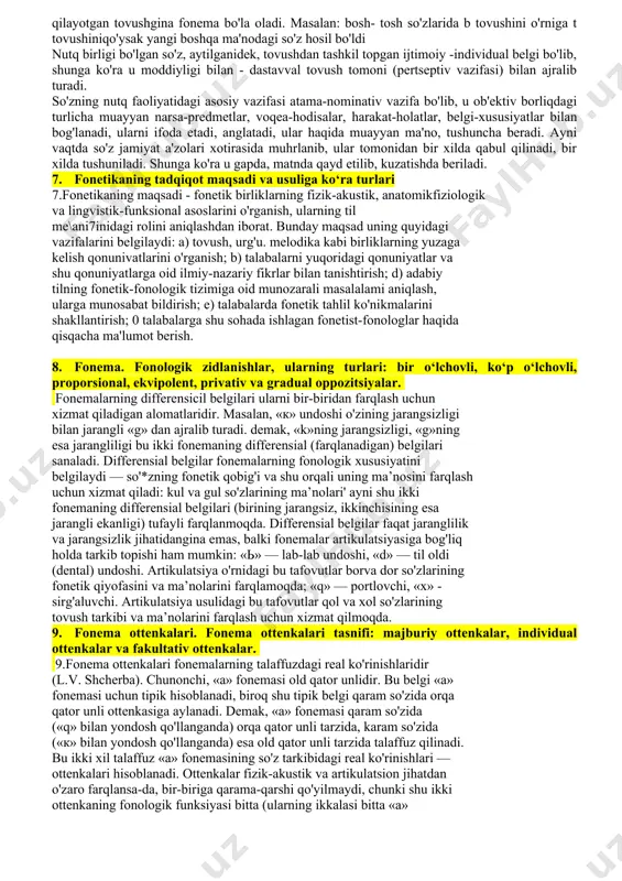 ografiya va punktuatsiya qoidalari belgilab beradi. adabiy tilning yozma shakli faoliyatida ilmiy uslub, rasmiy uslub, ommabop (publitsistik) uslub qoliplariga xoslanish xususiyatlari borligi ham ko'zga tashlanadi. 4. adabiy til tushunchasi. adabiy tilning og‘zaki va yozma shakllari 4. adabiy til umumxalq tilining fonetik-fonologik, leksik-semantik va grammatik jihatdan me’yorlashtirilgan, sayqal berilgan qismidir. u milliy tildan farqli ravishda shu tilning o'tmishdagi tiplarida ham ma’lum darajada shakllangan bo'ladi: eski o'zbek adabiy tili (xiv - xvii asrlar adabiy tili), yangi o'zbek adabiy tili(xvii- xx asr boshlaridagi adabiy til) kabi. hozirgi o'zbek adabiy tili esa, yuqoridagilardan farqli ravishda, faqat o'zbek milliy tilining yashash formasidir: u milliy tilga zid qo'yilmaydi, undan boshqa tizim ham emas,balki shu milliy tilning tartibga solingan, millat vakillarining barchasi uchun majburiy bo'lgan, barqarorlashgan bosh ko'rinishi, xolos. hozirgi o'zbek adabiy tilining og'zaki va yozma shakllari bor, shu ikki shakl vositasida u xalqqa xizmat qiladi: 1) og'zaki shakli o'zbek milliy tilining fonetik-fonologik, leksik, semantik va grammatik …