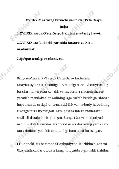 xviii-xix asrning birinchi yarmida o'rta osiyo — DOCX