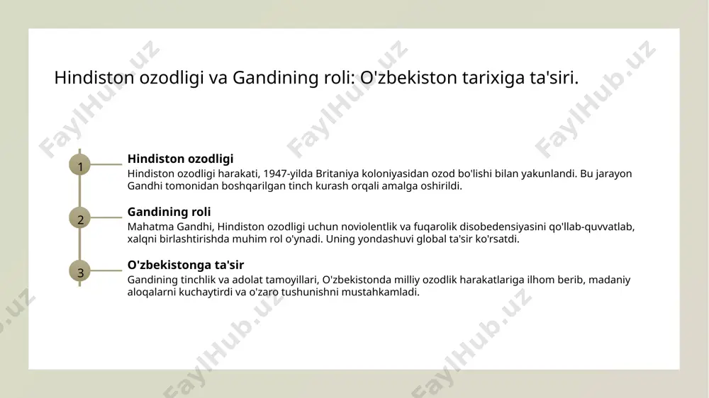 shariy qadriyatlar o'zbekiston madaniyatida umumbashariy qadriyatlar, insof, tenglik va tinchlik kabi tushunchalar muhim o'rin tutadi, bu esa gandining merosiga mos keladi. 02 gandining ta'siri mahatma gandining nonviolence falsafasi, o'zbekistondagi madaniy va ijtimoiy harakatlarga ta'sir ko'rsatgan, tinchlik va adolatni targ'ib etgan. 03 tinchlik va adolat o'zbekistondagi tarixiy jarayonlar, masalan, mustaqillik kurashi, gandining tinchlik va adolat g'oyalarini amalga oshirishda ilhom manbai bo'lgan. 04 madaniy aloqalar o'zbekiston va hindiston o'rtasidagi madaniy aloqalar, gandining merosini saqlash va rivojlantirishda muhim ahamiyatga ega, bu esa global hamkorlikni kuchaytiradi. mahatma gandhi va o'zbekiston: madaniy aloqalar va o'zaro ta'sirlar. gandining ta'siri mahatma gandhi, o'zining tinchlik va adolat tamoyillari bilan, o'zbekistonda fuqarolik huquqlari harakatlariga ilhom bergan. uning merosi zamonaviy kurashlarga ta'sir etdi. madaniy aloqalar o'zbekiston va hindiston o'rtasidagi madaniy aloqalar, gandining qiyofasi orqali yanada rivojlandi. ular o'zaro madaniy almashuv va hamkorliklarni kuchaytirdi. zamonaviy munosabatlar bugungi kunda, o'zbekiston va hindiston o'rtasidagi aloqalar gandining noviolentlik falsafasi asosida davom etmoqda. bu, tinchlik …