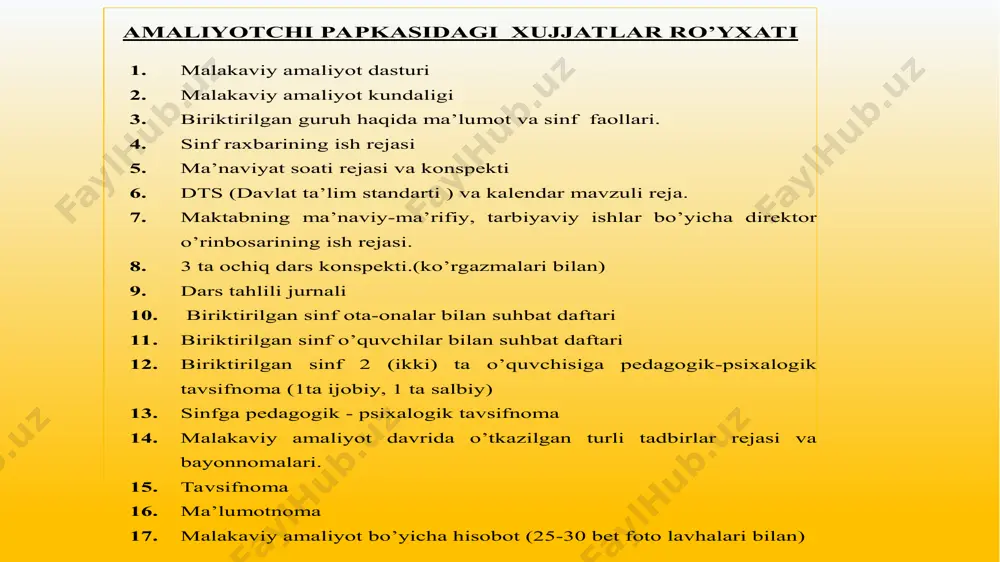 ktablarida o’qitish uslublari va ilg’or pedagogik texologiyalariing o’quv jarayoniga tatbiq etish yo’llarini yoritishlarida amaliyot jarayoni muhim ahamiyat kasb etadi. umumiy o’rta ta’lim maktablari o’tkaziladigan malakaviy amaliyotining vazifalari quyidagilardan iborat:  umumiy o’rta ta’lim maktablari tarixi, kasb-hunarga yo’naltirish bo’yicha o’quv rejalari, fan dasturlari bilan tanishish  umumiy o’rta ta’lim maktablaridagi ma’naviy va ma’rifiy ishlar mazmuni, rejalari, tashkiliy strukturasini o’rganish  ishlab chiqarish ta’limi ustalarining faoliyatini o’rganish  to’garak rahbarlarining faoliyati bilan tanishish  maxsus fan o’qituvchilarining dars jarayonida o’quvchilar faolligini oshirish borasidagi olib borayotgan uslubiy ishlari tizimini o’rganish  umumiy o’rta ta’lim maktablaridagi texnologik dars jarayonlarida foydalanilayotgan zamonaviy pedagogik texnologiyalar bilan tanishish  amaliy ishlarini bajarishda qo’llaniladigan uskuna va jixozlaridan samarali foydalanish usullarini o’rganish;  mustaqil ravishda ilmiy ishlar mavzusi va unga turdosh mavzularda yangi pedagogik texnologiyalar asosida mashg’ulotlar o’tkazish;  fan bo’yicha bo’sh o’zlashtiruvchi o’quvchilarga yordam berish usullarini o’rganish va ilmiy ishini bajarishda ularni e’tiborga olish;  fanga tegishli o’quv-uslubiy …