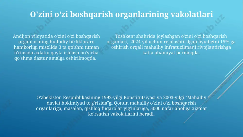 rasmiylashtirilmagan holda 3 ta yer uchastkasi berilganligi aniqlangan. kadrlar tayyorlash va malakasini oshirish andijon viloyatida 2023-yil uchun rejalashtirilgan kadrlar tayyorlash byudjeti 5 milliard so'mni tashkil etadi, bu 15% ga o'sishni anglatadi. 2022-yilda toshkent shahrida o'tkazilgan tadqiqotlar shuni ko'rsatdiki, davlat boshqaruvi organlarida 30% xodimlar malaka oshirish kurslarini tugatgan. surxondaryo viloyati hokimligi 2024-yilgacha 500 nafar mahalliy o'zini o'zi boshqaruv organlari xodimlarini zamonaviy boshqaruv usullariga o'qitishni rejalashtirmoqda. moliyaviy resurslar va byudjet тошкент шаҳрининг 2023 йилги маҳаллий бюджетида аҳоли саломатлигига 15% дан ортиқ, таълимга эса 20% ажратилган бўлиб, бу маблағларнинг самарали бошқарилиши муҳим аҳамият касб этади. хоразм вилоятининг қишлоқ хўжалигига ажратилган субсидиялар 2022 йилга нисбатан 2023 йилда 10% га ошган бўлиб, бу маҳаллий ўзини ўзи бошқариш органларининг молиявий имкониятларини кенгайтиради. хоразм вилоятининг қишлоқ хўжалигига ажратилган субсидиялар 2022 йилга нисбатан 2023 йилда 10% га ошган бўлиб, бу маҳаллий ўзини ўзи бошқариш органларининг молиявий имкониятларини кенгайтиради. innovatsiyalar va raqamlashtirish surxondaryo viloyatining 7 ta tumanida 2024 yilga …