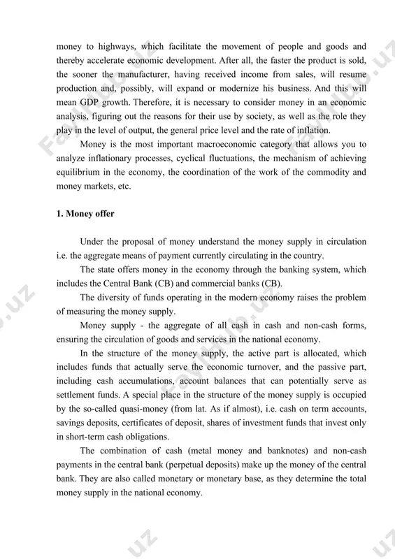 called monetary or monetary base, as they determine the total money supply in the national economy. to characterize the money supply, various general indicators, or the so-called monetary aggregates, are used. these usually include the following: 1. unit m 1 - “money for transactions” - is an indicator designed to measure the volume of actual means of circulation. it includes cash (banknotes and small coins) and bank money. 2. m 2 and m 3 units include, in addition to m 1 , funds in savings and fixed-term accounts, as well as certificates of deposit. these funds are not money, since they cannot be used directly for sales and purchase transactions, and their withdrawal is subject to certain conditions, however, they are similar to money in two respects: on the one hand, they can be quickly released to the market of goods and services, on the other hand, they allow the …