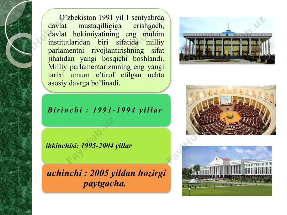 a senatining qo‘shma majlislari o‘zbekiston respublikasi prezidenti qasamyod qilganda, o‘zbekiston respublikasi prezidenti mamlakat ijtimoiy-iqtisodiy hayotining, ichki va tashqi siyosatining eng muhim masalalari yuzasidan nutq so‘zlaganda, chet davlatlarning rahbarlari nutq so‘zlaganda o‘tkaziladi. qonunchilik tashabbusi qonunchilik tashabbusi huquqiga o‘zbekiston respublikasi prezidenti, o‘z davlat hokimiyatining oliy vakillik organi orqali qoraqalpog‘iston respublikasi, o‘zbekiston respublikasi oliy majlisining qonunchilik palatasi deputatlari, o‘zbekiston respublikasi vazirlar mahkamasi, o‘zbekiston respublikasining konstitutsiyaviy sudi, oliy sudi, bosh prokurori egadirlar va bu huquq qonunchilik tashabbusi huquqi sub’ektlari tomonidan qonun loyihasini o‘zbekiston respublikasi oliy majlisining qonunchilik palatasiga kiritish orqali amalga oshiriladi. qonun qonunchilik palatasi tomonidan qabul qilinib, senat tomonidan ma’qullanib, o‘zbekiston respublikasi prezidenti tomonidan imzolangach qonunda belgilangan tartibda rasmiy nashrlarda e’lon qilingach, yuridik kuchga ega bo‘ladi. o‘zbekiston respublikasi oliy majlisining qonunchilik palatasi tomonidan qabul qilingan qonun qabul qilingan kundan e’tiboran o‘n kundan kechiktirmay o‘zbekiston respublikasi oliy majlisining senatiga yuboriladi. o‘zbekiston respublikasi oliy majlisining senati ma’qullagan qonun imzolanishi va e’lon qilinishi uchun o‘zbekiston respublikasi …