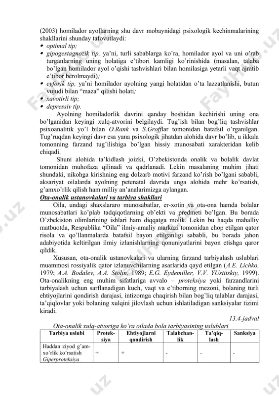 vrning qisqarib borayotganligi, onalik davrining ham kamligi, erta yoki o’ta kech ona bo’lish holatlarining kuzatilayotganligi ayon bo’lib turibdi. demak, reproduktiv xulqning asosiy parametrlarida jiddiy o’zgarishlar kuzatilmoqda. bu kabi muammolar o’zbekiston uchun ham xosdir. lekin bizda xotin-qizlarning reproduktiv madaniyati va ustanovkalari yevropa mamlakatlaridagidan farq qiladi. mamlakatimiz aholisining reproduktiv ustanovkalarini o’rganish bo’yicha olingan ma’lumotlar shuni ko’rsatadiki, ayni paytdagi farzandlar soni – real bola soni so’raluvchilarda shahar bilan qishloqda o’ziga xoslikka ega (7.2-jadval). masalan, 2002 yilda shaharlik respondentlarning 34,9 foizi 2 ta farzandga, salkam 30 foizi 3 ta farzandga ega bo’lsa, bu raqamlar 2004 yilda mos ravishda 33,6 va 25,2 ni tashkil etdi. qishloq oilasidagi real reproduktiv ustanovka 2002 yilda 37,7 foizi 2 ta, 24,0 foizi 3 ta, 19,2 foizi 1 ta bolali bo’lgan bo’lsa, 2004 yilda 2 va 3 nafar farzandlilar kamaygan, negadir ko’pbolalilar oshgan, bu raqamlarni yana bir takror tekshirish kerak. chunki 2003 yilda farg’ona vodiysi, samarqandda o’tkazilgan tadqiqotlarida ko’p bolali …