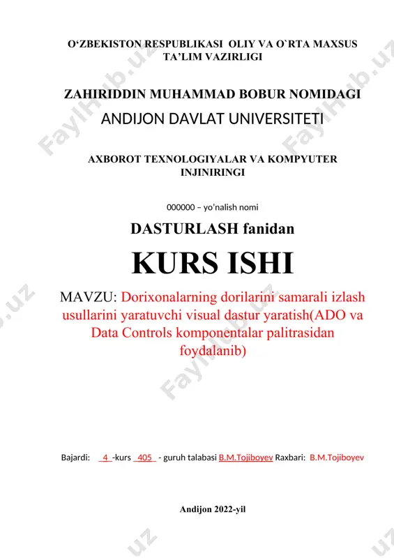 on qilish - ta’lim metodi bo‘lgan tushuntirish-tasvirlash metodidan izlanishga oid suxbatga va tadqiqotchilik metodiga o‘tish usulini o‘rganish. kurs ishining vazifasi – talabalarning bilimlar tizimini va aqliy faoliyat usullarini samarali o’zlashtirishlariga yordam berish; ularda olgan bilimlarni yangi vaziyatlarda ijodiy qo’llana olish; o’quv muammolarini yechish ko’nikmalarini hosil qilish; mustaqil bilim orttirish qobiliyatlarini singdirish; o`qitishning didaktik usullari va ularni o`rni bilan yangilab borish o`qituvchilar oldiga yosh avlodni kamol toptirishdek muhim vazifani qo`yishini ko’rsatish. i. borland c++ builder dasturlash muhiti haqida. 1.1. borland c++ builder dasturlash muhiti imkoniyatlari. borland c++ builder dasturlash muhitiga kirish, ishchi muhit, oynalar. c++ builder komponentlari va ularning xossalari. komponentlar hodisalari va metodlari. komponentlar tarkibi. hodisalar. uslublar. loyihalar menejeri. c++ builder da ilova dastur yaratish. oddiy ilova dasturini yaratish. ishlаb chiqishning intеgrаtsiyalаshgаn muhiti kоmpоnеntаlаr pаlitrаsini birlаshtirаdi. formalar muhаrriri, kоd muhаrriri, оbyеktlаr inspektori, оbyеktlаr palitrasi - bulаr hаmmаsi kоd vа komponentlar ustidаn to‘liq nаzоrаtni tа’minlоvchi dаsturiy ilоvаlаrni tеz ishlаb chiqish instrumеntlаri …
