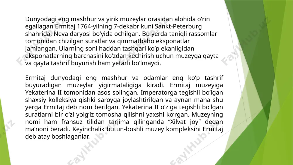 shuningdek mebellari "rus mozaikasi" uslubidan foydalangan holda yaratilgan. o.r chizmalariga binoan tayyorlangan katta malaxit vaza va mebel. de montferrand, 1837 yong'in paytida vafot etgan jasper qabulxonasi bezaklarining bir qismi edi. zalning devori kecha, kun va she'riyatning allegorik tasviri bilan bezatilgan (a. vigi). 1917 yil iyun-oktyabr oylari oralig'ida vaqtinchalik hukumat majlislari bo'lib o'tdi. ko'rgazmada xix asr dekorativ-amaliy san'at asarlari namoyish etilgan. so'nggi rus imperatorining shaxsiy xonalari bilan bog'liq kutubxona 1894 - 1895 yillarda arxitektor a.f. tomonidan tashkil etilgan. krasovskiy. kutubxonani bezashda ingliz gotika motiflari keng qo'llaniladi. yong'oqdan yasalgan qoplangan ship to'rt pichoqli rozet bilan bezatilgan. kitob javonlari devorlar bo'ylab va zinapoya olib boradigan xorlarda joylashgan. naqshinkor yaltiroq teridan ishlangan, monumental kamin va ochiq derazalar bilan bezatilgan interyer mehmonni o'rta asrlar atmosferasi bilan tanishtiradi. stolda so'nggi rus imperatori nikolay ii ning haykaltarosh chinni portreti joylashgan. a.p. tomonidan yaratilgan qishki saroyning aleksandr zali. 1837 yong'inidan keyin bryullov. imperator aleksandr i va 1812 yilgi …