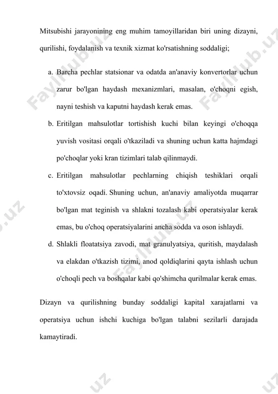 a katta bo'ladi va u har doim ham tejamkor emas. jarayonni amalga oshirishda flukslar bilan aralashtirilgan quruq sulfid kontsentrati vertikal tuyer-nozullar orqali eritish pechiga puflanadi. bunday holda, nayzalarning pastki uchlari eritmaning yuzasiga yaqin joyda joylashganki, bu eritmaning intensiv aralashishini ta'minlaydi. eritma pechida barcha asosiy fizik-kimyoviy jarayonlar, shu jumladan mat va shlak hosil bo'lish jarayonlari sodir bo'ladi. uzluksiz va tortishish kuchi bilan qizdirilgan truba bo'ylab elektr pechga oqadi. elektr pechida eritmani shlakli qatlam orqali elektr tokini o'tkazish orqali isitish, buning uchun elektrodlar cüruf qatlamiga botiriladi. elektr pechida bir vaqtning o'zida shlaklarni yo'q qilish jarayoni davom etadi. tuzilgan shlaklarda 0,4-0,5% mis mavjud. pechga joylashtirilgan mat doimiy ravishda sifon orqali konvertatsiya qiluvchi pechga oqadi. konvertatsiya havo orqali amalga oshiriladi. portlash o'choqqa vertikal tuyer nozullari orqali beriladi. konverter shlaki tarkibida 13-18% mis bo'lib, qayta ishlash uchun erituvchi pechga qaytariladi. olingan blister mis isitiladigan aralashtirgichga quyiladi va olovni tozalash uchun beriladi. barcha pechlardan chiqindi gazlar …