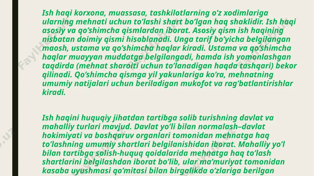 funktsiya. xodimni o’z mehnati, natijalarini doimiy ravishda yaxshilab borishga qiziqtirishi lozim. 3.o’lchov-taqsimlash funktsiyasi. bu funktsiya iste’mol fondlarini yollanma xodim bilan ishlab chiqarish vositalari egasi o’rtasida taqsimlash vaqtida jonli mehnat o’lchovini aks ettirish uchun mo’ljallangan. 4.joylashtirish funktsiyasi. mazkur funktsiyaning hozirgi vaqtdagi ahamiyati jiddiy ravishda oshib bormoqda. uning mohiyati mehnat resurslarini mintaqalar, iqtisodiyot tarmoqlari va korxonalar bo’yicha qulay ravishda joylashtirishdan iborat. 5.aholining to’lovga qodir talabini shakllantirish funktsiyasi. bu funktsiyaning vazifasi to’lovga qodir talabni muvofiqlashtirishdir, bunday talab deganda, xaridorlarning pul mablag’lari bilan ta’minlangan ehtiyojlarini namoyon bo’lish shakli tushuniladi, shuningdek, iste’mol tovarlari ishlab chiqarish ham nazarda tutiladi. to’lovga qodir talab ikkita asosiy omil-jamiyatning ehtiyojlari va daromadlari ta’sirida shakllanishi sababli, bozor sharoitida ish haqi yordamida tovarni taklif qilish bilan talab o’rtasida zarur mutanosiblik o’rnatiladi. yuqorida aytib o’tilgan funktsiyalarni amalga oshirish uchun quyidagi eng muhim tamoyillarga rioya qilinishi zarur: ishlab chiqarish va mehnat samaradorligi ortib borgan sari real ish haqining ortib borishi. bu tamoyil ehtiyojlarning ortishi …