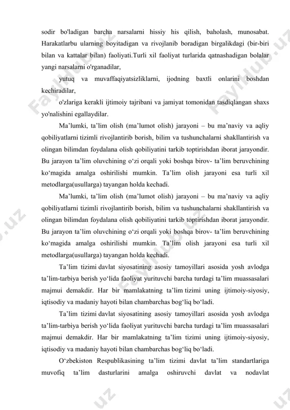na olish qobiliyatini tarkib toptirishdan iborat jarayondir. bu jarayon ta’lim oluvchining o‘zi orqali yoki boshqa birov- ta’lim beruvchining ko‘magida amalga oshirilishi mumkin. ta’lim olish jarayoni esa turli xil metodlarga(usullarga) tayangan holda kechadi. ta’lim tizimi davlat siyosatining asosiy tamoyillari asosida yosh avlodga ta’lim-tarbiya berish yo‘lida faoliyat yurituvchi barcha turdagi ta’lim muassasalari majmui demakdir. har bir mamlakatning ta’lim tizimi uning ijtimoiy-siyosiy, iqtisodiy va madaniy hayoti bilan chambarchas bog‘liq bo‘ladi. ta’lim tizimi davlat siyosatining asosiy tamoyillari asosida yosh avlodga ta’lim-tarbiya berish yo‘lida faoliyat yurituvchi barcha turdagi ta’lim muassasalari majmui demakdir. har bir mamlakatning ta’lim tizimi uning ijtimoiy-siyosiy, iqtisodiy va madaniy hayoti bilan chambarchas bog‘liq bo‘ladi. o‘zbekiston respublikasining ta’lim tizimi davlat ta’lim standartlariga muvofiq ta’lim dasturlarini amalga oshiruvchi davlat va nodavlat ta’lim muassasalari, ta’lim tizimining faoliyat ko‘rsatishi va rivojlanishini ta’minlash uchun zarur bo‘lgan tadqiqot ishlarini boshqaruvchi ilmiy-pedagogik muassasalar, ta’lim sohasidagi davlat boshqaruv organlari, shuningdek, ularga qarashli korhonalar, muassasalar va tashkilotlarni o‘z ichiga oladi. respublikaning …