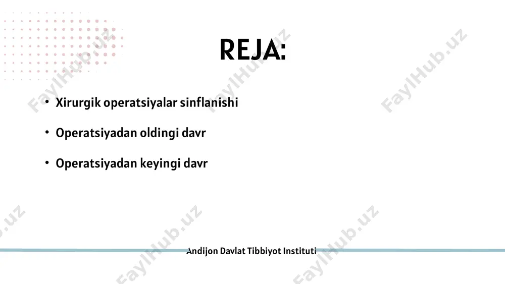 rgent) operatsiya; 3) rejali operatsiya. kechiktirib bo’lmaydigan operatsiyalar bemor kasalxonaga yotqizilgan vadiagnozi(o'tkirappenditsit, o'tkirxolesistit, me'da yarasining teshilishi, churraning qisilib qolishi, ichakdan ovqatning o'tmay qolishi) aniqlangandan so'ng darhol dastlabki ikki soat ichida qilinadi. zudlik bilan qilinadigan operatsiyalar andijon davlat tibbiyot instituti - bemorlar kasalxonaga keltirilgandan so'ng dastlabki 1-2 kun ichida amalga oshiriladichunki jarayonning tez rivojlanishi munosabati bilan ular inoperabel bo’lib qolishi mumkin xavfli o'smalar, ichakning tashqi oqma yaralari, og'ir tug'ma yurak kasalligi. rejali operatsiyolar andijon davlat tibbiyot instituti istalgan paytda qilinishi mumkin, shu bilan birga bemorni jarrohlik yo'li bilan davolashga tayyorlash bir-ikki kunga, zaruriyat tug'ilib qolsa bir necha haftaga cho'zilishi mumkin. potensial kontaminatsiya darajasi bo'yicha operatsiyalar 4 guruhga ajratiladi: 1. toza; andijon davlat tibbiyot instituti 3. ifloslangan(kovak organlar ichidagisining jarohatga muqarrar tushishi); 2. shartli-toza (me'da-ichak nuli a'zolari va nafas a'zolari bo'shlig'i (oralig'i) ochiladi); 4. iflos yoki birlamchi kasallik yuqtiruvchi operatsiyalar. xirurgik operatsiya ruhiy jihatdan sog'lom kishilarda u yoki bu darajada ruhan ezilishiga …