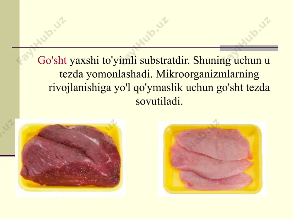 bo'lishi mumkin. go'shtning chirishga moyilligi tufayli o'zgarishlar: go'shtning rangi kulrang bo'ladi, go'sht elastikligini yo'qotadi, shilimshiq bo'ladi va yumshaydi. avval nordon, keyin yoqimsiz chirigan hid paydo bo'ladi. oqsillar va aminokislotalarning parchalanishi organik kislotalar, aminlar, ammiak va boshqa moddalar hosil bo'lishi bilan sodir bo'ladi. yog'ning gidrolitik parchalanishi sodir bo'ladi. yog 'kir-kulrang, bulg'angan, shilliq yuzasi bilan bo'ladi. go'shtni shilliqlanishi go'sht yuzasida loyqa kulrang shilimshiq yopishqoq qatlam hosil bo'lishida ifodalanadi. ushbu kamchilik sabab bo'ladi: -pseudomonas jinsi bakteriyalari ; - mikrokokklar. go'shtning kislotali fermentatsiyasi noxush nordon hidning paydo bo'lishi, kesiklarda kulrang va yashil-kulrang rang hosil bo'lishi bilan birga keladi. bu jarayon sabab bo'lishi mumkin: -anaerob bakteriyalar clostridium putrifaciens ; -sut kislotasi bakteriyalari; - xamirturush. go'sht pigmentatsiyasi go'sht uchun g'ayrioddiy qizil dog'lar paydo bo'lishi, oq-kulrang qoplamaning paydo bo'lishi. bu jarayon deyiladi: - "ajoyib tayoq" ( serratia marcescens ); rhodotorula jinsining sporul bo'lmagan xamirturushlari ; - pigmentsiz xamirturush. go'shtni shakllantirish go'sht yuzasida turli xil mog'orlarning o'sishi, osongina …