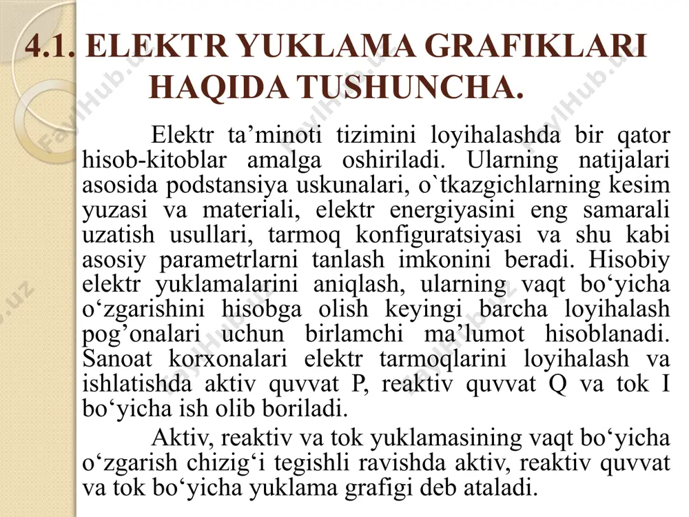 ishga ega: bu erda: - o‘rnatilgan iste’molchilar guruhi uchun talab koeffitsienti. 5. iste’molchining aktiv quvvat bo’yicha sutkalik elektr yuklama grafigi: a - na’munaviy; b – nomli birlikda. amalda aktiv quvvat grafiklaridan tashqari reaktiv quvvat grafiklari xam ishlatiladi. reaktiv quvvat bo’yicha iste’molchilarning na’munaviy grafiklari ham absolyut maksimumdan foizda ordinata pog‘onalariga ega: qmax = pmax tgφmax bu yerda: tgφmax – tegishli iste’molchi uchun birlamchi parametr sifatida berilishi lozim bo‘lgan сosφmax ning qiymati bo‘yicha aniqlanadi. 6. qora metallurgiya korxonasining na’munaviy elektr yuklama grafigi: 1 – ish kuni grafigi; 2 – dam olish kuni grafigi. 3. iste’molchining aktiv, reaktiv va to’la quvvat bo’yicha sutkalik grafigi nazorat savollari: hisobiy elektr yuklamalarini aniqlash, ularning vaqt bo‘yicha o`zgarishini hisobga olish nima uchun amalga oshiriladi? qanday yuklama grafiklarini bilasiz? sanoat korxonalarining elektr ta’minoti tizimini hisoblashda qanday elektr yuklamalarining qiymatlari ishlatiladi? guruhiy yuklama grafigi qanday topiladi? yuklama grafigi davomiyligi bo’yicha qanday turlarga bo’linadi? yuklama grafigi qanday quriladi? e’tiboringiz uchun …
