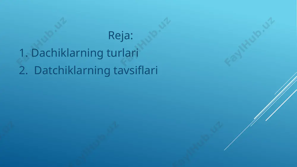 o‘rsatadi. statik tavsiflarga:sezgirlik; ruxsat etish qiymati;chiziqlilik; dreyf va to‘la dreyf; ishchi diapazon; takrorlanish va natijani qayta tiklash kabilar kiradi. sensor-bir yoki bir nechta birlamchi o'lchash transduserlarini o'z ichiga olgan tizimli ravishda ajratilgan qurilma. sensor o'lchash ma'lumotlari signalini uzatish, keyinchalik konvertatsiya qilish, qayta ishlash va (yoki) saqlash uchun qulay bo'lgan shaklda ishlab chiqarish uchun mo'ljallangan, ammo kuzatuvchi tomonidan to'g'ridan-to'g'ri qabul qilinmaydi. birlamchi o'lchash transduserlarini o'z ichiga olgan va inson tomonidan to'g'ridan-to'g'ri idrok etish uchun mavjud bo'lgan shaklda signal ishlab chiqaradigan qurilmalar o'lchash asboblari yoki nazorat asboblari (signalizatsiya moslamalari) ga tegishli. ensor qo'shimcha ravishda oraliq o'lchash transduserlarini, shuningdek o'lchovni o'z ichiga olishi mumkin. sensor uning signallarini qabul qiladigan qurilmadan ancha masofada joylashtirilishi mumkin. sensor chiqishidagi qiymat qiymatining mos keladigan kirish qiymati bilan normallashtirilgan nisbati bilan sensor o'lchov vositasidir . agar birlamchi o'lchash transduseri tizimli ravishda ajratilmagan bo'lsa, u sensor emas, balki sezgir element(sensor) deb ataladi. muayyan sohalar uchun transduserlar ko'pincha o'z nomlariga …