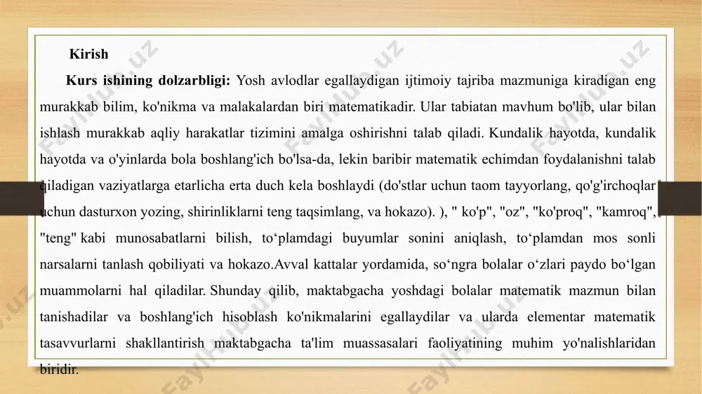 irishning ilmiy handa metodik asoslarini tushuntirish kurs ishining vzaifasi: zamonaviy maktabgacha ta’lim tashkilotlarida loyihalashtirish faoliyatining ahamiyati haqidagi tushunchalarni shakillantirishga o’rgatish kurs ishining predmeti: zamonaviy maktabgacha ta’lim tashkilotlarida loyihalashtirish faoliyatining ahamiyati haqidagi tushunchalarni shakillantirishga o’rgatish ko’nikmalarini xosil qilish kurs ishining tuzilishi kirish, 2 bob , 4 paragrif , xulosa , foydalangan adabiyot va ilovadan iborat kurs ishining tahlili , obyekti fargona viloyati o'zbekiston tumani 56 davlat maktabgacha ta'lim tashkiloti 1-bob pedagogik faoliyatni loyilashtirish turlari. 1.1. bolalarni har tomonlama rivojlantirishda loyihalashtirish faoliyatining ahamiyati. pedagogika va ta'lim sohasidagi dizayn ijtimoiy sohaga tegishli bo'lib, uning mahsuloti inson tabiati va munosabatlarining xususiyatlari bilan belgilanadigan narsalarni takomillashtirishdan iborat bo'lgan insonparvarlik loyihalari toifasiga kiradi. olimlar turli xil pedagogik dizayn turlarini ajratib ko'rsatishadi: • ijtimoiy muhit va uning sharoitlariga moslashish va atrof-muhitni o'z qadriyatlari, maqsadlari va e'tiqodlariga muvofiq o'zgartirish (g.p. shchedrovitskiy); • ta'lim jarayonlarini psixologik-pedagogik loyihalash, ya'ni o'rganish - faoliyat usullarini ishlab chiqish, shakllanish - harakatning mukammal shaklini …