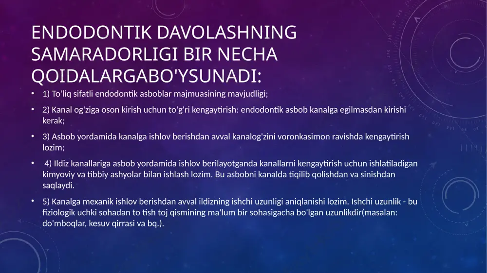 avishda sezilishi lozim. kanalga bunday ishlov berilganda apikal uchlik sohasida standart endodontik asbobning uchiga xos ravishda konuslik yuzaga keladi. fiziologik uch sohasida esa apikal tayanch yuzaga keladi. apikal uchlik sohasida 3-4 ta endodontik asbob yordamida kengaytirish lozim (iso bo'yicha ne25 hajmgacha). kichik hajmda kanalni to'liq tozalash, yuvish va plombalash imkoniyati yuzaga kelmaydi. koronal-apikal usullar koronal apikal usullar ildiz kanallarini kengaytirish va ishlov berishni kanal og'zi sohasidan apikal qismiga qarab, katta hajmli asbobdan kichik hajmli asbob yordamida amalga oshiriladi.bu usulda avval kanalning og'zi va o'rta qismi kengaytiriladi. so'ng kanalning ishchi uzunligi aniqlanadi.so'ng kanalning apikal qismiga ishlov beriladi va apikal tayanch hosil qilinadi. koronal-apikal usullar qo'llaniladi: 1) inficirlangan pulpa yoki uning parchalanish qoldiqlarini apikal uchlik sohasiga itarib yuborish havfi bo'lganda; 2) kanalni mashina yordamida kengaytirilganda, ya'ni pesso-rimmer yordamida 3) mashinali nikel-titan profayllari yoki gt- fayllar bilan ishlovberilganda. usul afzalliklari: 1) kanalning apikal uchlik qismiga yaxshi o'tuvchanliknita'minlaydi; 2) kanaldan pulpa qoldiqlarini bosqichma-bosqich olib …