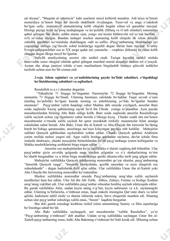 da tan olingan va “moturidiya” deb atalgan. mazkur maktab o‘zining yarim–ratsionalistik qarashlari bilan boshqa aqidaviy ta’limotlardan ajralib turadi. unda, masalalarning echimini topishda faqat qur’on va sunnatga tayanibgina qolmasdan, mantiqiy tafakkur orqali ham yondoshilgan. moturidiya ta’limotida asosan mo‘‘taziliya, shia, xorijiya, jabariya, qadariya kabi ta’limotlarga raddiyalar berilgan. moturidiya ta’limoti xi–xii asrlarda keng miqyosda rivojlangan. ushbu davrlarda endi ta’limot nafaqat movarounnahrda, barki xuroson, iroq. misr va shom o‘lkalariga ham tarqala boshlangan. bunda moturidiya ta’limoti vakillaridan abul mu’in an–nasafiy, abu hafs an–nasafiy, alouddin as–samarqandiy, nuriddin as–sobuniy, ibrohim as–saffor, alouddin al–asmandiy kabi movarounnahrlik olimlarning katta bo‘lgan. ash’ariya. ushbu ta’limotga basralik abul hasan al–ash’ariy (873–936) asos solgan. ash’ariy umrining yarmini asosan mo‘‘taziliyaga qarshi kurashishga bag‘ishlagan bo‘lsada, dastlab uning o‘zi mazkur ta’limot vakili bo‘lgan. mo‘‘taziliya ta’limotida ash’ariyning ustozi abu ali al–jubboiy bo‘lgan. qirq yoshida u mo‘‘taziliya ta’limotidan voz kechadi va bag‘dodga ko‘chib umrining oxirigacha o‘sha erda yashagan. ash’ariy muhammad ibn jarir at–tabariy, ibrohim ibn ahmad al–marvaziy, mahmud …
