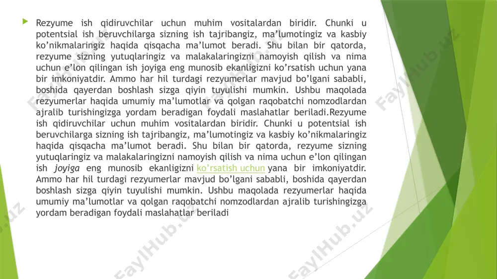 in bo’lishi mumkin. 3. kombinatsiyalangan rezyume: ushbu turdagi rezyume xronologik va funktsional rezyumening xususiyatlarini o’zida mujassam etadi. bunda sizning ish tajribangiz va ma’lumotingiz xronologik tarzda sanab o’tiladi, shuningdek, alohida bo’limda kasbiy ko’nikmalaringiz va yutuqlaringiz ham ta’kidlab o’tiladi. kombinatsiyalangan rezyume sizga o’z tajribangizni ham, ko’nikmalaringizni ham urg’ulash imkonini beradi va ko’pchilik ish beruvchilar uchun tushunarli formatdir. 4. maqsadlangan rezyume: ushbu turdagi rezyume muayyan ish joyiga moslashtirilgan bo’ladi. unda faqatgina shu lavozim uchun mos keladigan kasbiy ko’nikmalaringiz va tajribalaringiz urg’ulanadi hamda o’tmishda ushbu ko’nikmalardan qanday foydalanganingizning aniq misollari keltiriladi. maqsadli rezyume sizning shu ish uchun qanchalik mos ekanligingizni ko’rsatishga yordam beradi, ammo har bir ariza uchun rezyumeni qayta ko’rib chiqish va moslashtirishni talab qiladi. rezyume tuzish bosqichlari samarali rezyume tuzish uchun quyidagi bosqichlarni amalga oshirish tavsiya etiladi: ma’lumotlarni to’plash: rezyumega kiritish uchun barcha kerakli ma’lumotlarni, jumladan, ish tajribasi, ma’lumoti, kasbiy ko’nikmalari va yutuqlaringizni to’plang. tarkibini tuzish: rezyumening tarkibiy qismlarini belgilang va ularni …