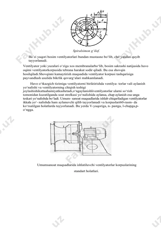 shovqinni kamaytirish maqsadida ventilyator korpusi tashqarisiga payvandlash usulida bikrlik qovurg‘alari mahkamlanadi. havo o‘tkazgich tizimiga ventilyatorni biriktirishda ventilya- torlar vali aylanish yo‘nalishi va ventilyatorning chiqish teshigi joylashishikattaahamiyatkasbetadi,o‘ngaylanishliventilyatorlar ularni so‘rish tomonidan kuzatilganda soat strelkasi yo‘nalishida aylansa, chap aylanish esa unga teskari yo‘nalishda bo‘ladi. umum- sanoat maqsadlarida ishlab chiqariladigan ventilyatorlar ikkala yo‘- nalishda ham aylanuvchi qilib tayyorlanadi va korpuslari60-rasm- da ko‘rsatilgan holatlarda tayyorlanadi. bu yerda v-yuqoriga, n- pastga, l-chapga,p-o‘ngga. umumsanoat maqsadlarida ishlatiluvchi ventilyatorlar korpuslarining standart holatlari. ikki tomonlama so‘ruvchi tutun so‘rgich va ventilyator korpuslarining standart holatlari. ies lar chap tayyorlagich tizimi tegirmon ventilyatorlarida 24 ta standart yo‘nalishda joylashgan korpuslarimavjud. bu-rasmda ventilyatorning uzatmasini yig‘ish sxemasi berilgan. ventilyator qurilmalarining konstruktiv sxemalari: 1-ventilyatorlar; 2- dvigatel; 3-podshipnik; 4-mufta; 5-shkif. past bosim ventilyatorlari konstruksiyasi yuqoridagi-rasmda ko‘rsa- tilgan.monoblokli nasoslardagi singari ventilyator ishchi g‘ildiragi dvigatel valiga o‘rnatilgan bo‘lib, dvigatel quyma cho‘yandan tay- yorlangan yoki po‘latdan payvandlanib tayyorlangan ustunga (tum- ba)gao‘rnatiladi.konstruksiyajudaixchamqilibtayyorlangan. past bosim ventilyatori. yuqori bosimli ventilyatorlar konstruksiyasi yuqoridagi rasmda ko‘rsatilgan …