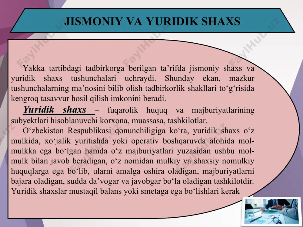 so‘mni tashkil etadi. bu davr uchun yakka tartibdagi tadbirkor to‘lashi zarur bo‘lgan qat’iy belgilangan soliq summasi 1 205 680 so‘m (172240×7)ni, sug‘urta badali summasi esa 172 240 so‘m (172 240×1)ni tashkil etadi. yakka tartibdagi tadbirkor o‘zbekiston respublikasi vazirlar mahkamasi tomonidan belgilangan tartibda xodimlarni yollashga haqli. o‘zbekiston respublikasi vazirlar mahkamasining 2015-yil 31-iyuldagi 219-sonli qarori bilan tasdiqlangan «xususiy tadbirkorlar tomonidan xodimlarni yollagan holda tadbirkorlik faoliyatini amalga oshirish tartibi to‘g‘risida»gi nizom bunga asos bo‘lib xizmat qiladi. xodimlar yollangan taqdirda har bir xodim uchun yakka tartibdagi tadbirkor tomonidan amalga oshiriladigan faoliyat bo‘yicha nazarda tutilgan stavkaning 30 foizi miqdorida qat’iy belgilangan soliq to‘lash majburiyati yuklatiladi. hunarmandchilik faoliyatini amalga oshirayotgan yakka tartibdagi tadbirkorlar tovarlar tayyorlash (ishlar bajarish, xizmatlar ko‘rsatish) uchun ko‘pi bilan besh nafar shogirdni ularga tegishlicha haq to‘lagan holda jalb etishga haqlidir. o‘zbekiston respublikasining 2012-yil 2-maydagi o‘rq-328-sonli yangi tahrirdagi «tadbirkorlik faoliyati erkinligining kafolatlari to‘g‘risida»gi qonuni, 6-modda yakka tartibdagi tadbirkorlar bir vaqtda bir necha faoliyat turi …