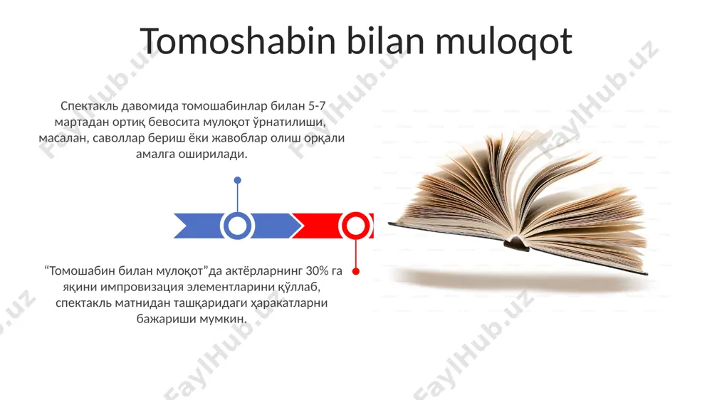 faol qo'llaydi, tomoshabinlarni 360° burchakdan voqealarga jalb qilib, 10 dan ortiq sensorli elementlar orqali o'zaro ta'sirni ta'minlaydi. "fizik teatr" (physical theatre) kabi zamonaviy uslublarda aktyorlarning jismoniy harakatlari va mimikasi asosiy ifoda vositalaridan bo'lib, 20 dan ortiq turdagi harakatlarni sahnaga chiqarish mumkin. realistik sahnalashtirish realist sahnalashtirishda 19-asr oxiri va 20-asr boshlarida keng tarqalgan "to'rtinchi devor" texnikasi aktyorlarning tomoshabinlarga bevosita murojaat qilmasligini, voqealarni real hayotdek aks ettirishini ta'minlaydi. realist sahnalashtirishda aktyorlarning tabiiy harakatlari va nutqlari, psixologik jihatlarga urg'u berilishi (masalan, chexov uslubidagi ichki monologlar) real hayotdagi inson munosabatlarini aks ettirishga qaratilgan. e'tiboringiz uchun rahmat @taqdimot_robot image4.jpg image5.jpg image6.jpg image7.jpg image8.jpg image9.jpg image10.jpg image11.jpg image12.jpg image13.jpg image14.jpg image15.jpg image1.jpeg image2.jpeg