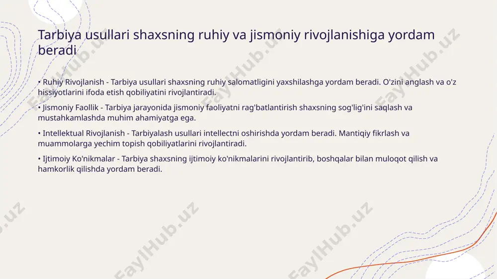 l hisoblanadi • o'z-o'zini tarbiyalashning ahamiyati - shaxsning o‘z-o‘zini tarbiyalashi uning shaxsiy rivojlanishi uchun muhimdir. • mustaqil bilim olish - o'z-o'zini tarbiyalash jarayonida shaxs mustaqil ravishda yangi bilimlarni egallaydi. tarbiya jarayonida muloqotning o‘rni alohida • muloqotning ta'limdagi ahamiyati - muloqot ta'limda o‘qituvchi va o‘quvchi o‘rtasida bilim uzatish jarayonini osonlashtiradi. bu jarayon fikr almashish va o‘zaro tushunishni mustahkamladi. • o‘qituvchi va o‘quvchi o‘rtasidagi munosabatlar - samarali muloqot o‘qituvchi va o‘quvchi o‘rtasida ishonchli munosabatlar o‘rnatadi. bu, o‘quvchilarni o‘zlarini erkin ifoda etishga undaydi. • akademik muvaffaqiyat - yaxshi muloqot o‘quvchilarning akademik samaradorligini oshiradi. o‘quvchilar o‘z fikrlarini aniq ifodalash orqali bilimlarini mustahkamlashadi. • tashqaridagi ta'sir - muloqot jarayoni faqat sinf ichida emas, balki tashqarida ham muhimdir. o‘quvchilar va o‘qituvchilar jamoaviy ishlar va tadbirlarda fikr almashish orqali bir-birlarini qo‘llab-quvvatlaydilar. tarbiya usullari orqali etika va axloqiy qadriyatlar o‘rganiladi • axloqiy qadriyatlarning ahamiyati - axloqiy qadriyatlar inson hayotining asosiy qismidir. ular shaxsning to‘g‘ri yoki noto‘g‘ri tanlovlarida muhim …