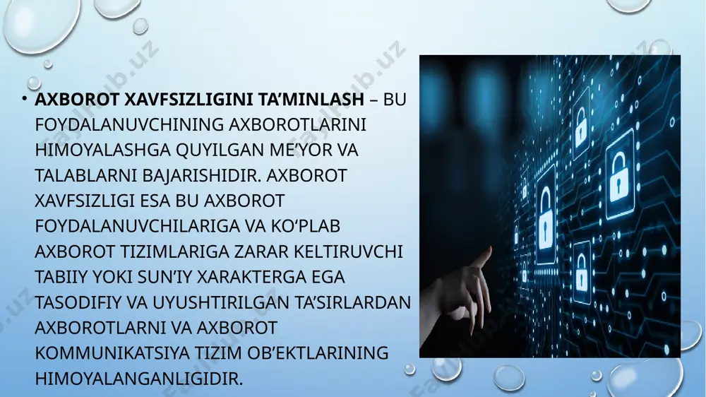di. resurslardan ruxsatsiz foydalanish va uning oqibatlari. axborotkommunikatsiya tizimining ixtiyoriy tarkibiy qismlaridan biri bo‘lgan hamda axborot tizimi taqdim etadigan imkoniyat mavjud bo‘lgan resurslardan belgilangan qoidalarga muvofiq bo‘lmagan holda foydalanishni cheklash qoidalariga rioya qilmasdan foydalanish – bu resurslardan ruxsatsiz foydalanish toifasiga kiradi. bunday foydalanish natijasida quyidagi oqibatlar yuzaga kelishi mumkin: axborotning o‘g‘irlanishi; axborotni o‘zgartirish; axborotning yo‘qotilishi; yolg‘on axborotni kiritish; axborotni qalbakilashtirish va h.k. kompyuter virusi. kompyuter virusi – bu o‘z-o‘zidan ko‘payuvchi, kompyuter tarmoqlari va axborot tashuvchilari orqali erkin tarqaluvchi, hamda kompyuter va unda saqlanayotgan axborot va dasturlarga zarar etkazuvchi dastur kodi yoki komandalar ketma-ketligi hisoblanadi. kompyuter viruslari quyidagi xossalarga ega: o‘zidan nusxa ko‘chirish, axborotdan ruxsatsiz foydalanishni amalga oshirish. u o‘zining nusxalarini kompyuterlarda yoki kompyuter tarmoqlarida qayta ko‘paytirib va tarqatib, hamda qonuniy foydalanuvchilar uchun nomaqbul harakatlarni bajaradi. virus, aksariyat hollarda nosozlik va buzilishlarga sabab bo‘ladi va biror hodisa yuz berishi bilan, masalan, aniq kunning kelishi bilan ishga tushirilishi mumkin. viruslarga qarshi kurashish …