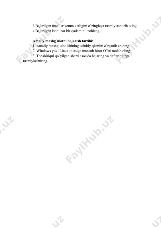 chik harflarning umuman farqi yo’q. quyida operatsion tizimda asosiy ishni bajaruvchi va ko’p qo’llaniladigan dasturlarning qisqa shakli keltirilgan. bu komandalar windows 7 operatsion tizimida tekshirib chiqilgan. windows ning qolgan versiyalarida ma’lum bir komandalar ishlamasligi mumkin, lekin ko’p qismi boshqa versiyalarda ham ishlaydi. пуск->выполнить(windows emblemasi+r)-> ichiga quyidagi komandalarni birini yozamiz: wndows operatsion tizimi komandalari 1. calc – kalkulyatorni ishga tushirish 2. mspaint – paint rasm muharririni ishga tushirish 3. notepad – juda kerakli dastur, yon daftarcha, yaqin hamroh “блокнот” ni ishga tushirish 4. cmd – bilganlar, tushunganlar uchun qulay, ish bajaruvchi dastur “командная строка” ni ishga tushirish. 5. taskmgr – ctrl+alt+delete komandalarini o’rniga shu operatorni kiriting va “диспетчер задач windows”ni ishga tushiring. 6. msconfig – “конфигурация системы” oynasini ochish. asosan “автозагрузка” lrni o’rnatish uchun ishlatiladi. 7. dxdiag – sistema va qurilmalar haqida umumiy ma’lumotga ega bo’lish uchun kerak bo’ladigan oyna, ya’ni “средство диагностики directx” oynasi. 8. mstsc – tarmoq orqali ruhsat …