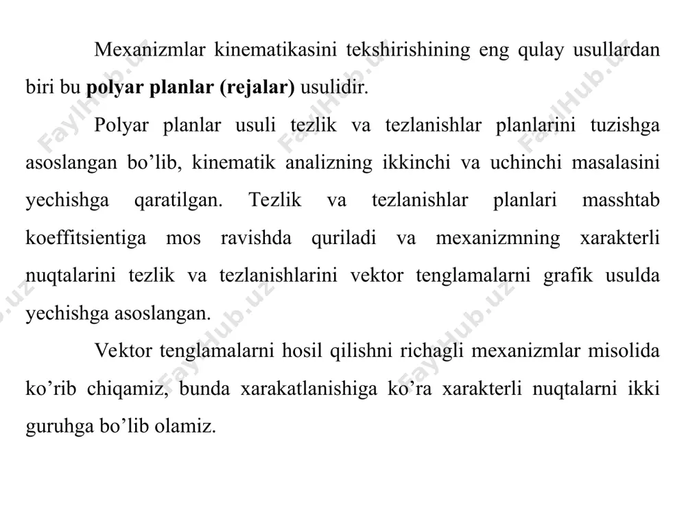 nuqtaning tezlanish vektori bilan normal va tangentsial (urinma) tezlanish vektorlarining geometrik yig’indisiga teng. normal tezlanish vekori (markazga intilma) krivoship 1 ga parallel bo’lib, a nuqtadan o nuqtaga qarab yo’nalgan bo’ladi (a, b). tangentsial tezlanish vektorini krivoship 1 ga perpendikulyar bo’ladi (a, b). tangentsial tezlanish qiymati nolga teng bo’ladi, chunki krivoship 1 o’zgarmas burchak tezlik bilan harakatlanadi. * shatun 2 ga tegishli bo’lgan b nuqtaning tezlik vektori (a, b), a nuqtaning tezlik vektori bilan b nuqtaning a ga nisbatan aylanma harkatidagi tezlik vektorining geometrik yig’indisiga teng bo’ladi. bunda a nuqta shartli ravishda qo’zg’almas deb qaraladi va shatunga tegishli bo’ladi. b nuqtaning qo’zg’almas a nuqtaga nisbatan aylanma harakatining traektoriyasi aylanadan iborat bo’lib, aylananing radiusi shatun 2 ning uzunligiga teng (a, b). b nuqtaning nisbiy harakatdagi tezlik vektori shatun 2 ga perpendikulyar bo’ladi. * b nuqtaning tezlik vektori b1 nuqtaning tezlik vektori bilan bb1 yo’nalishdagi ilgarilanma harakatning geometrik yig’indisiga teng. * b nuqtaning …