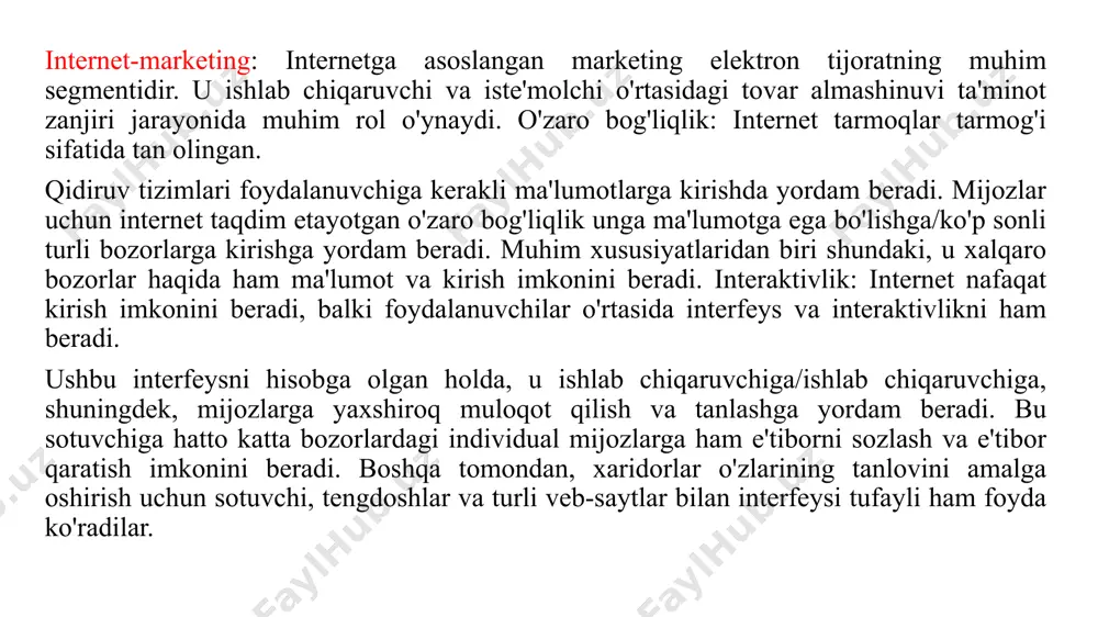 obga olgan holda, internet foydalanuvchilari ehtiyot bo'lishlari kerak. ular ruxsat etilmagan saytlarga pin-kod tafsilotlari, parollar va boshqa ma'lumotlar kabi maxfiy ma'lumotlarni taqdim etmasliklari kerak, bu nafaqat o'z manfaatlarini himoya qilish, balki kiber jinoyatchilarning ushbu ma'lumotlarga kirishiga yo'l qo'ymasliklari kerak. internet va ta'minot zanjiri boshqaruvi. internet shuningdek, raqamli mahsulotlarni onlayn tarqatishni ta'minlaydi. bu ko'p sonli mijozlarga tezkorlik bilan erishishga yordam beradi va buyurtma berish joyi va yetkazib berish o'rtasidagi vaqtni yo'q qiladi. bu shuningdek, inventarizatsiyani yaxshiroq boshqarish va tranzaktsiyalarni tezroq qayta ishlash imkonini beradi. ko'pgina korxonalar enterprise resource planning (erp) tizimlari deb nomlangan yangi kontseptsiyadan foydalanishni boshladilar. ushbu erp tizimlari bilan bog'langan elektron tarqatish (kiber tarqatish) faoliyati kompaniyalarga butun ta'minot zanjiri boshqaruvida yuqori samaradorlikka erishishga yordam beradi. kibermarketing: cheklovlar: internet-marketing ham bir qancha muammolarga duch keladi. ulardan ba'zilari o'rnatilgan, boshqalari esa tashqi muammolardir. 1.raqamlashtirish: kibermarketing uchun, mahsulotlar raqamlashtirilgan formatda bo'lishi kerak. bu jarayon ishchi kuchi, malaka va texnik bilimlarni talab qiladi. …