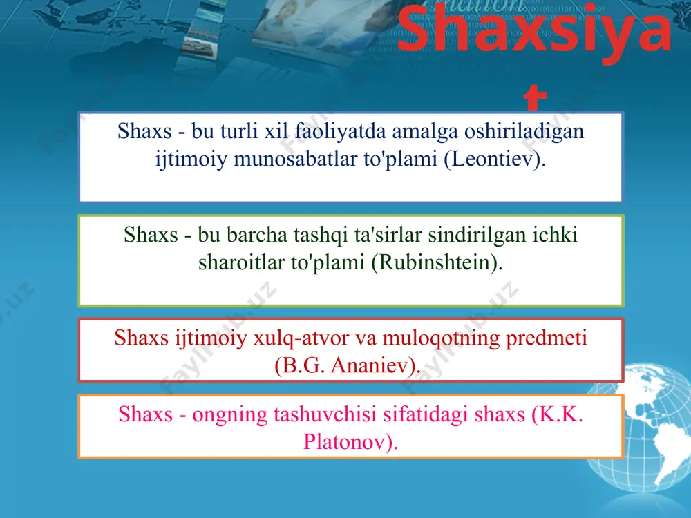 huvlari birinchisi, shaxsiy xususiyatlarni aniqlashga asoslangan bo'lib, ular odatda ichki aloqaga asoslangan quyi tuzilmalarga birlashtiriladi va quyi tuzilmalar, o'z navbatida, darajalarga bo'linadi. ikkinchi yondashuv shaxsiyat turlarini aniqlashga asoslangan bo'lib, ular ma'lum xususiyatlar to'plami bilan cheklanib qolmasdan, balki shaxsiyat xususiyatlarini va uning dunyo bilan o'zaro ta'sir qilish usullarini ochib beradi. platonovga ko'ra shaxsning tuzilishi yo'nalish bo'yicha tuzilishi u munosabatlar va axloqiy shaxsiy xususiyatlarni birlashtiradi. ijtimoiy tajribaning subtuzilishi shaxsiy tajribada, trening orqali olingan bilim, ko'nikma, qobiliyat va odatlarni o'z ichiga oladi. refleksiyaning subtuktura shakllari (psixologik) u ijtimoiy hayot jarayonida shakllanadigan individual psixik jarayonlarning individual xususiyatlarini qamrab oladi. biologik yo'llangan qo'yib tuzilma shaxsning tipologik xususiyatlarini, jins va yosh xususiyatlarini va uning patologik o'zgarishlarini birlashtiradi. s.l.ga ko'ra shaxsiyat tuzilishi. rubinshteyn direction bilim, mahorat, individual-tipologik xususiyatlari ehtiyojlar, qiziqishlar, ideallar, e'tiqodlar, faoliyat va xulq-atvorning ustun motivlarida, dunyoqarashda namoyon bo'ladi. hayotiy va kognitiv faoliyat jarayonida orttirilgan. bu temperament, xarakter, qobiliyatlarda namoyon bo'ladi. 6 k.k.ga ko'ra shaxsiyat tuzilishi. …
