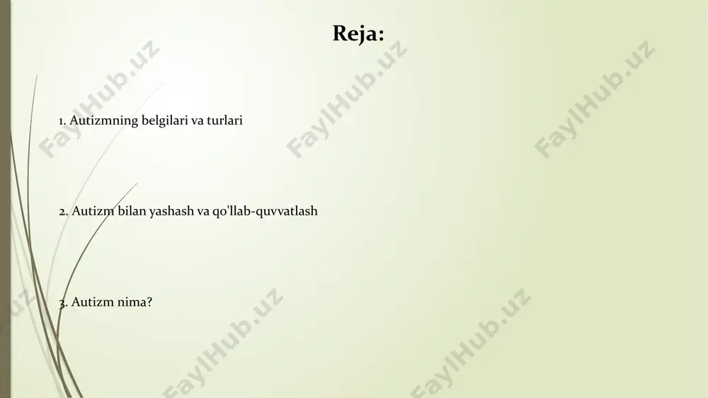 ari hali toʻliq aniqlanmagan. autizm bilan yashovchilarga yordam autizm spektr buzilishi bilan yashovchi bolalar va kattalar uchun xulq-atvor terapiyasi, shu jumladan, aba (applied behavior analysis) yoki vb-mapp (verbal behavior milestones assessment and placement program) kabi 2-3 yildan ortiq davom etadigan dasturlar samarali bo'lishi mumkin. oilaviy qo'llab-quvvatlash guruhlari va resurs markazlari, 50 dan ortiq oilaga qo'shimcha ma'lumot, amaliy ko'mak va o'zaro qo'llab-quvvatlash imkoniyatlarini taqdim etib, autizm bilan yashovchilarning hayot sifatini yaxshilashga hissa qo'shadi. e'tiboringiz uchun rahmat @taqdimot_robot image1.jpg image2.jpg image3.jpg image4.jpg image5.jpg