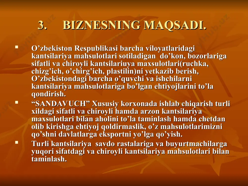 sof foyda 1 450 420 17 405 040 7 istiqbolli rejalar ushbu biznes rejada takidlangan faoliyatini yaratish jarayonida 6 ta yangi ish o’rni yaratildi va bir oylik sof foyda 1 450 420 so’mni tashkil qildi,bu ko’rsatkich bir yilda 17 405 040 so’mni tashkil qiladi. maxsulotlar turi esa 4 xil. ko’zlangan real foydaga erishilsa 1 yillik ish faoliyatidan so’ng maxsulot turini 8 taga yetkazib yana qo’shimcha 4 ta yangi ish o’rni yaratillib, bir oylik sof foydani 2 500 000 so’mga chiqarish bu maxsulotlarni o’zbekiston hududidan tashqari qo’shni davlatlarga eksport qilishnishi rejalashtirilgan. 8 xulosa. xulosa qilib aytganda ushbu biznes rejada aholini kantsilariskiy maxsulotlarga bo’lgan talabini qondirish va ularga sifatli va arzon maxsulotlarni yetkazib berish. ushbu maxsulotlar nafaqat o’zbekiston hududiga qoleversa qo’shni davlatlarga eksport qilinishi ko’zda tutilgan. ushbu loyihani amalga oshirishdan asosiy maqsad chetdan keladigan ( kantsilariskiy) maxsulotlarni kamaytirib o’zimizni aholiga shu maxsulotlarga bo’lgan talabini to’la qondirish hamda qo’shni davlatlar bilan eksportni yo’lga …