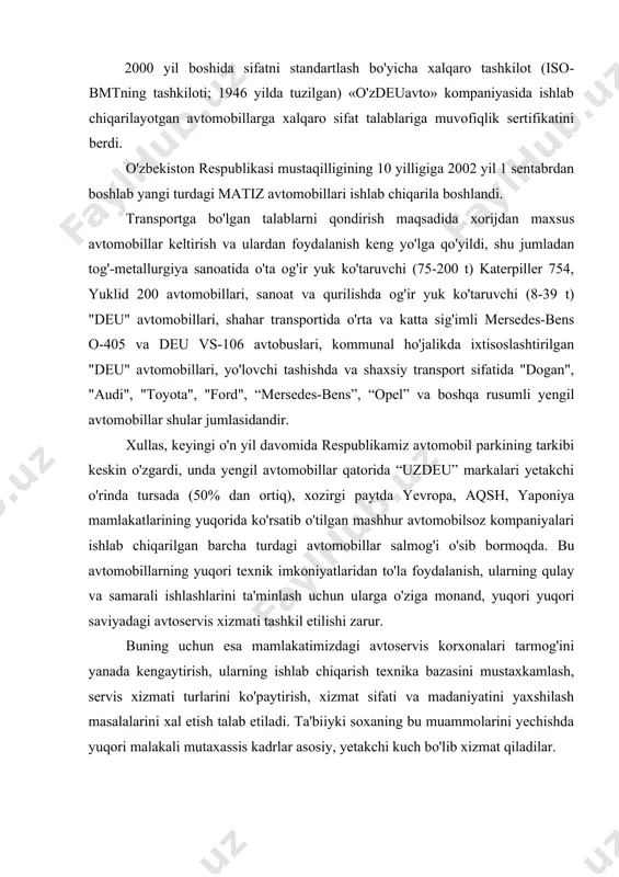 atini yaxshilash masalalarini xal etish talab etiladi. ta'biiyki soxaning bu muammolarini yechishda yuqori malakali mutaxassis kadrlar asosiy, yetakchi kuch bo'lib xizmat qiladilar. o'zbekiston respublikasida ishlab chiqarilayotgan va chetdan keltirilayotgan avtomobillarning salmog'i ko'payishi bilan avtomobillar servisi sohasining ahamiyati yanada oshib bormoqda. 2.avtomobillarni texnik ekspluatatsiyasi avtomobil transportining asosiy tizimlaridan biri hisoblanadi va respublika transport tizimida yetakchi o'rinlardan birini egallaydi. avtomobilning ekspluatatsion ishonchliligi, txk va jt xarajatlarini kamaytirish, turib qolishini kamaytirish, yuk tashishni samarali bajarish va tashish tannarxini kamaytirish, ekologiyaga zarar yetkazmaslik, harakatdagi qismni texnik ekspluatatsiyasining asosiy vazifalaridan hisoblanadi. bu muammolarni hal etish uchun avtomobil va uning agregatlarini har xil omillar ta'sirida texnik holatini o'zgarib borishi qonunlarini o'rganish zarur. bu qonunlarni o'rganish, avtomobilni texnik tayyor holatda saqlab turish usullarini ishlab chiqish va qo'llash imkonini beradi. bu usullar matematik statistika, ehtimollar nazariyasi, ishonchlilik nazariyasi, diagnostika va boshqa fanlarga asoslanadi. «avtomobillarning texnik ekspluatatsiyasi» fani o'z ichiga "avtomobillarga texnik xizmat ko'rsatish va ularni ta'mirlash texnologiyasi asoslari", …