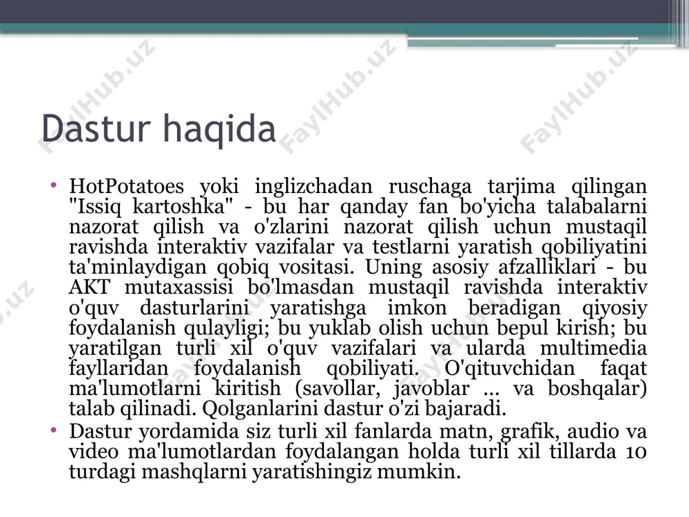tili (mashqlar matnlari, topshiriqlar bayonoti va mulohazalar) - unicode standarti tomonidan qo'llab-quvvatlanadigan istalgan til. dasturning 7-versiyasidagi rus tili windows 2000 va windows xp operatsion tizimlari tomonidan qo'llab-quvvatlanadi. dasturning sukut bo'yicha ingliz tili. dasturga birinchi kirish paytida boshqa tilni o'rnatish yoki istalgan vaqtda interfeysni kerakli tilga tarjimasi bilan faylni ochish orqali o'zgartirish mumkin: "options" menyusi interfeys tilini rus tiliga o'zgartirish uchun select / load interfeysi faylini menyusidan russian6.hif faylini tanlang ma'lumotlarni kiritish uchun mashq tanlash ma'lumotlarni kiritish uchun mashq tanlash mashqni yaratishning asosiy bosqichlari hot potatoes da mashq yaratish quyidagi bosqichlarga ega: 1) ma'lumotlarni kiritish (tayyor elektron hujjatdan); 2) mashq konfiguratsiyasini sozlash; 3) ma'lumotlarni - mashqga - veb-sahifa formatiga (html) aylantirish; 4) mashqlar faylini saqlash. bundan tashqari, yaratilgan mashqlar va javoblar matnli faylda saqlanishi va kerak bo'lsa bosmadan chiqarilishi mumkin. loyihani topshiriq bilan saqlash siz istalgan vaqtda topshiriq faylini saqlashingiz mumkin. masalan, fayl yaratilgandan so'ng darhol (tavsiya etiladi); test elementlarini yaratgandan …